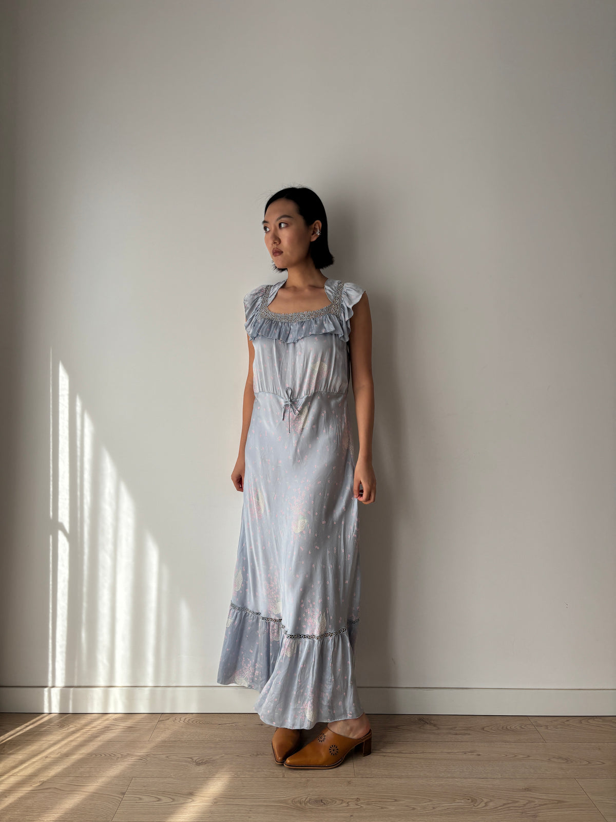 1930s–1940s Blue Floral Nightgown, Ruffled Square Neck and Lace Trim, Vintage Maxi Dress