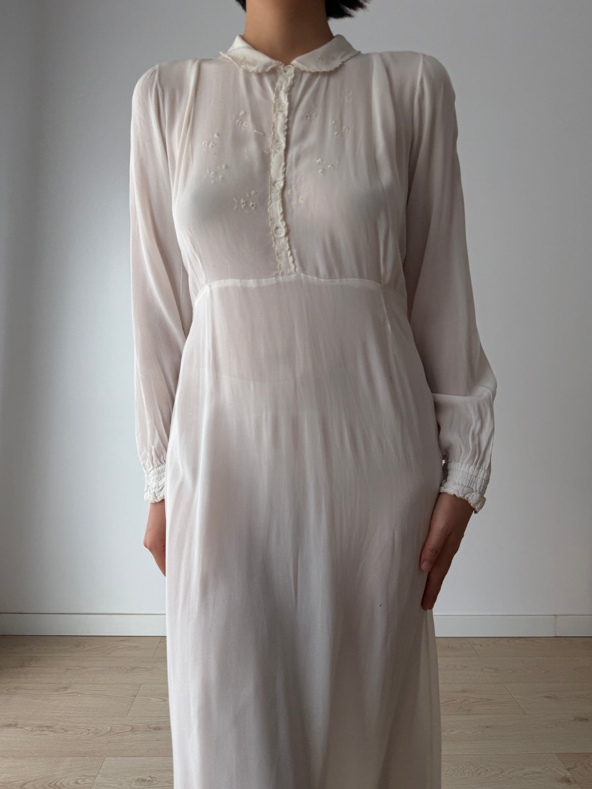 1940s Embroidery Silk Bias Cut Romantic Bridal Maxi Dress, Vintage Lace Wedding Gown