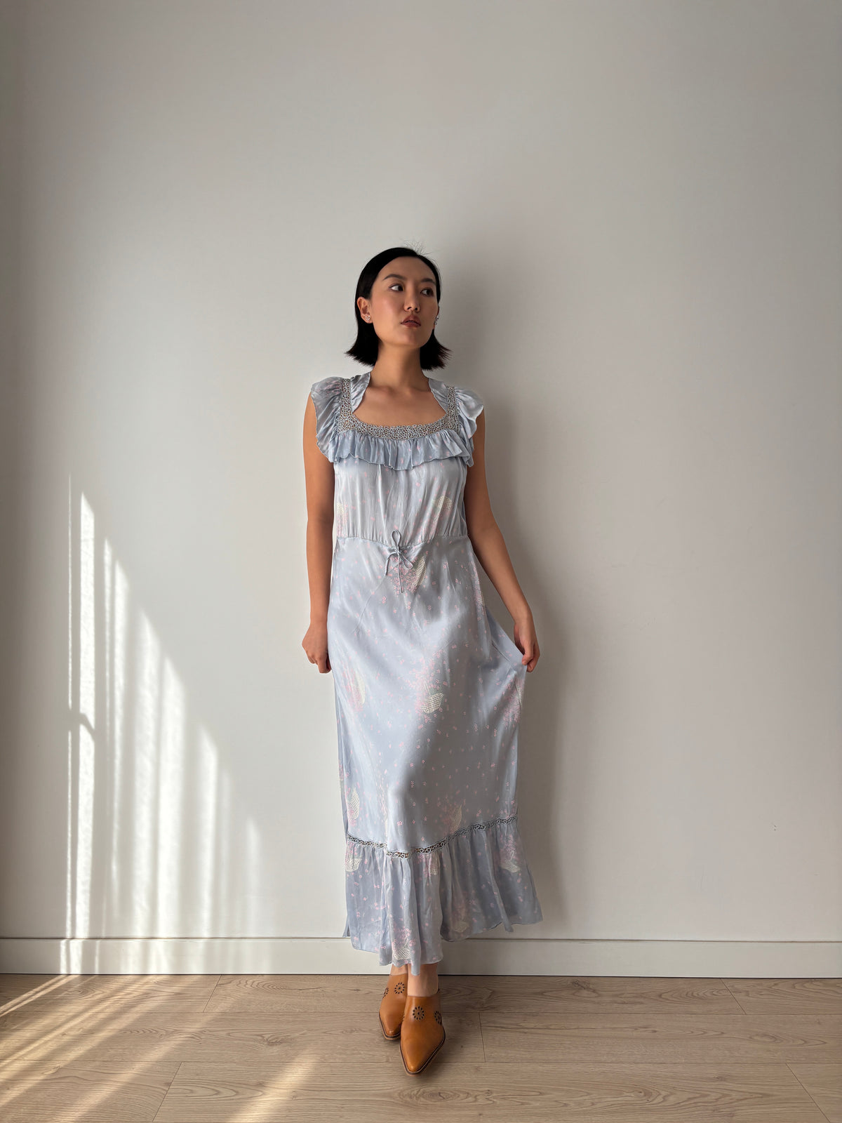 1930s–1940s Blue Floral Nightgown, Ruffled Square Neck and Lace Trim, Vintage Maxi Dress