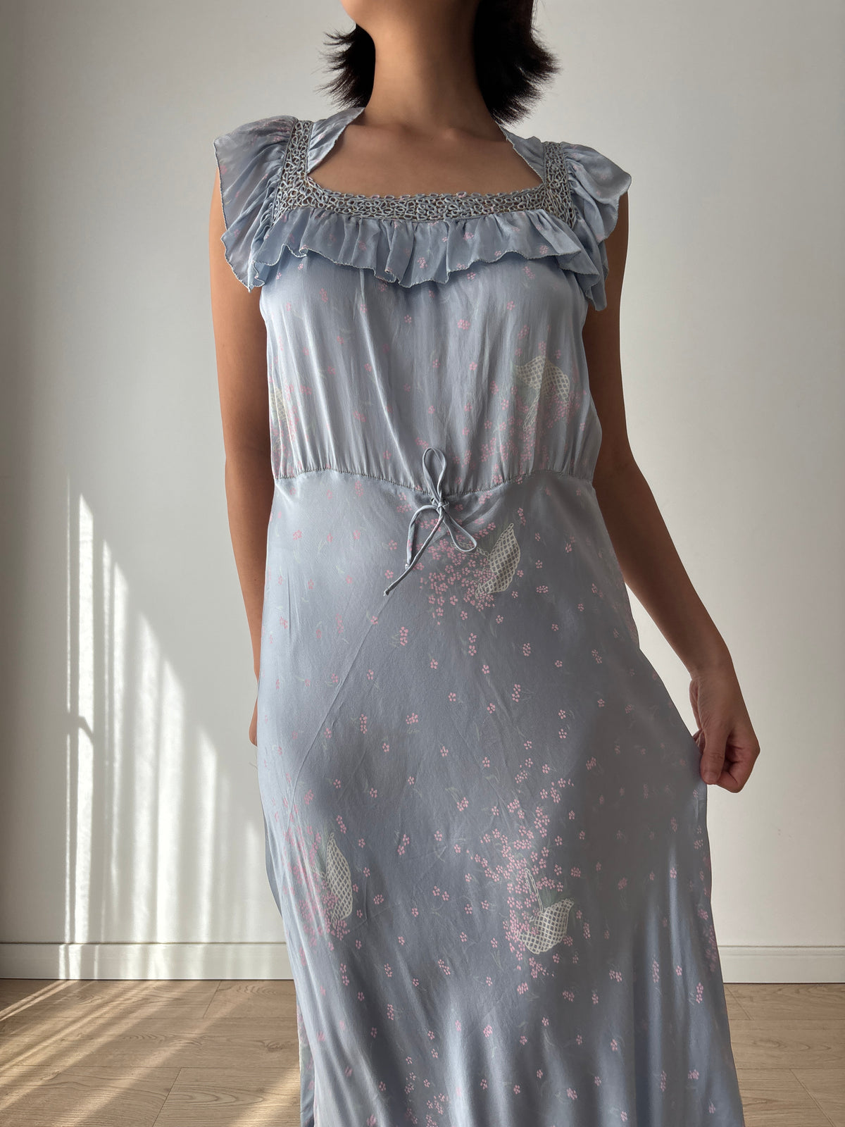 1930s–1940s Blue Floral Nightgown, Ruffled Square Neck and Lace Trim, Vintage Maxi Dress