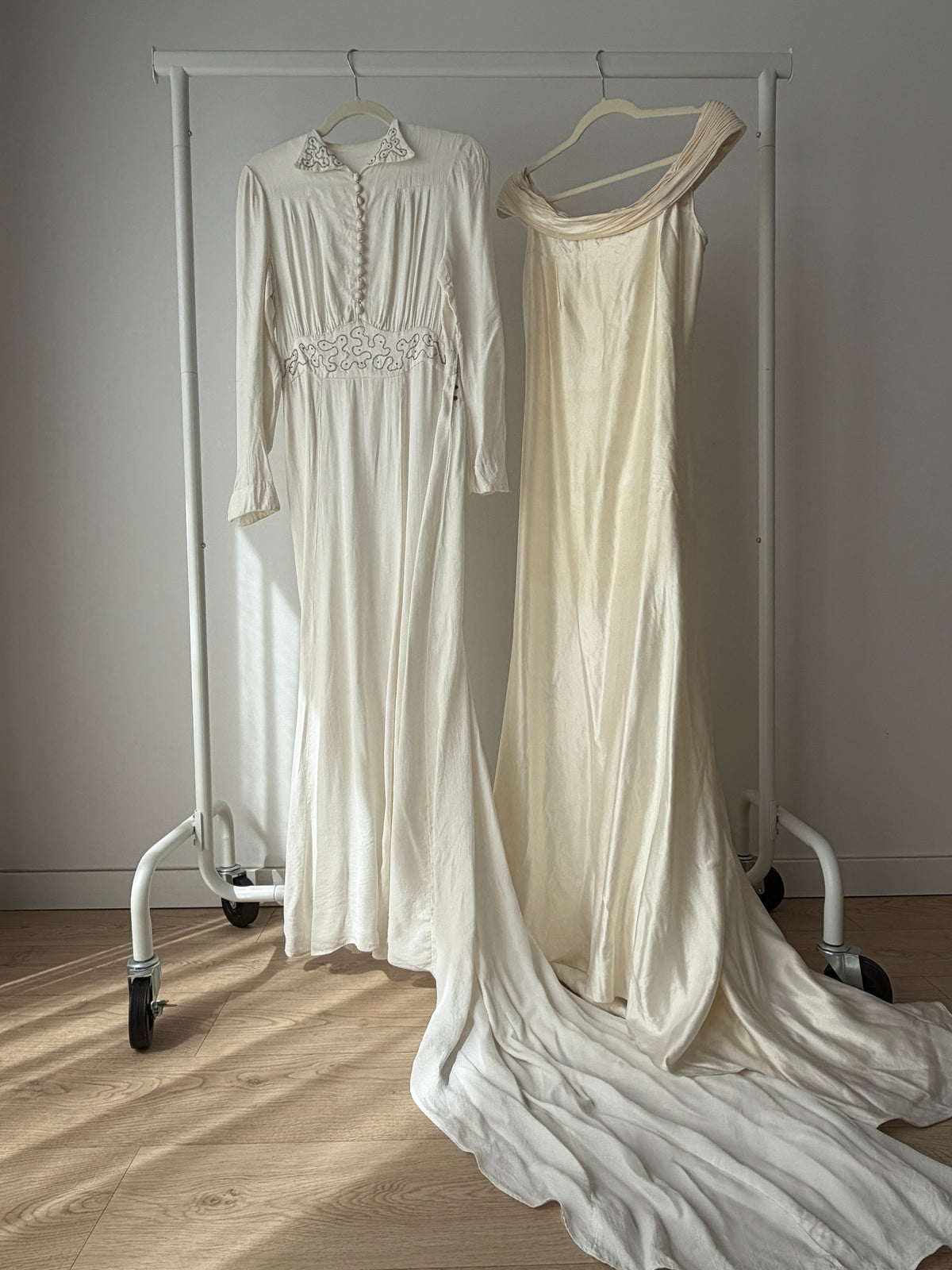 1940s Pure Silk Bridal Gown | White Beaded Embroidered Long Sleeve Wedding Dress with Train