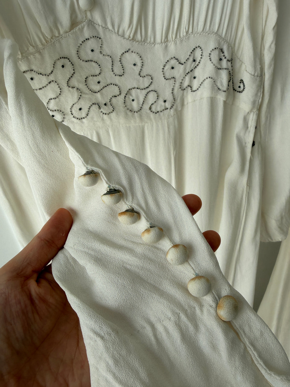 1940s Pure Silk Bridal Gown | White Beaded Embroidered Long Sleeve Wedding Dress with Train