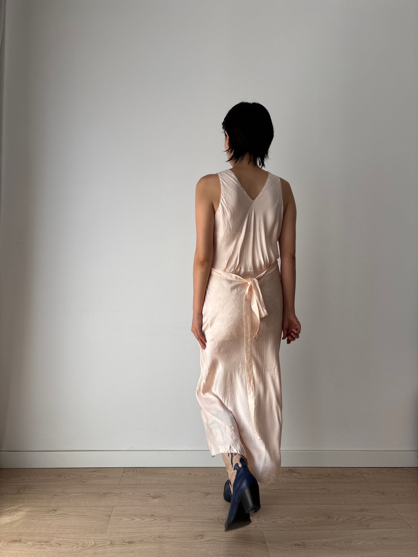 1930s Antique Pastel Pink Pure Silk Satin Lace Bias Cut Embroidered Nightgown Maxi Dress