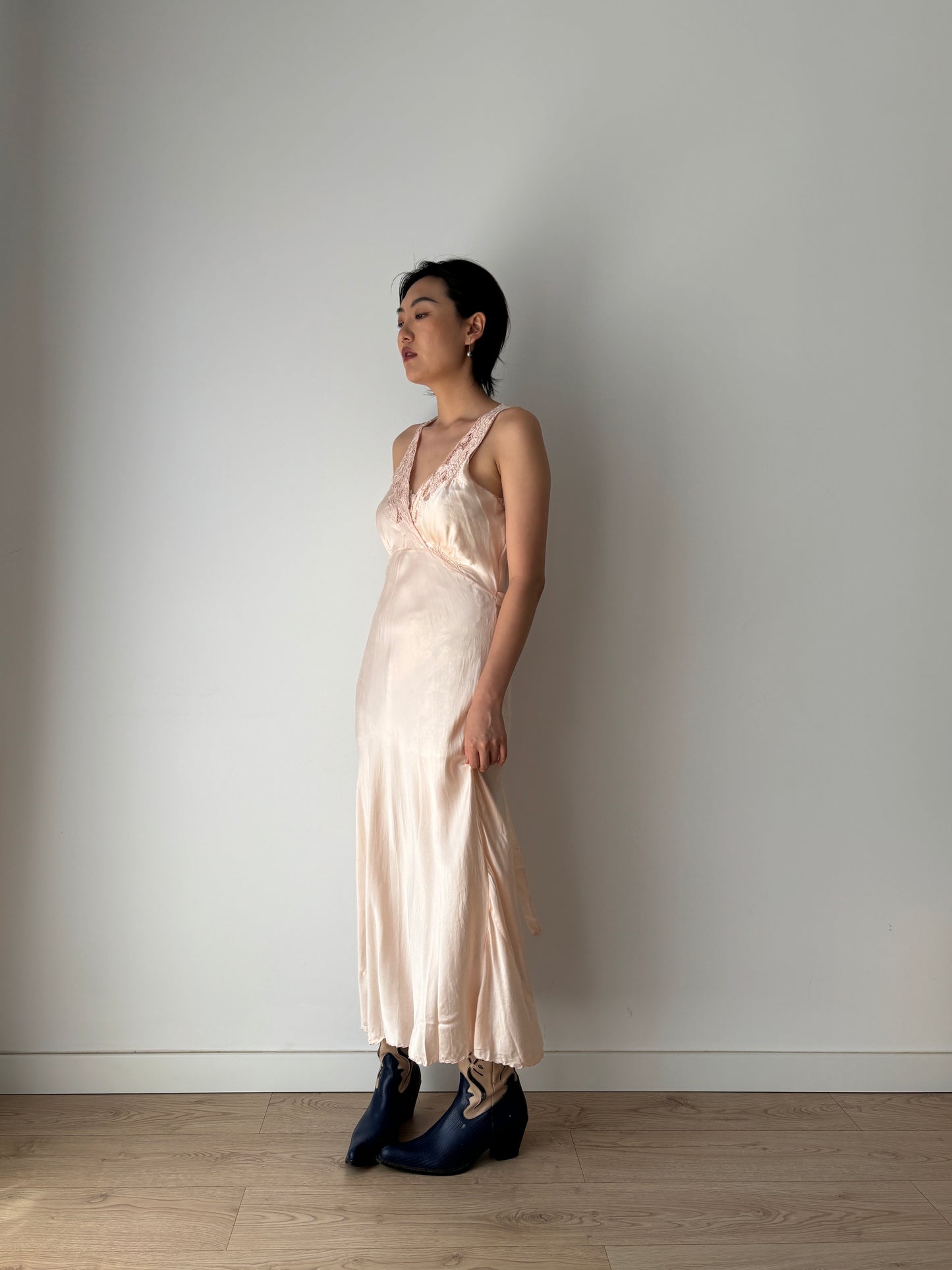 1930s Antique Pastel Pink Pure Silk Satin Lace Bias Cut Embroidered Nightgown Maxi Dress