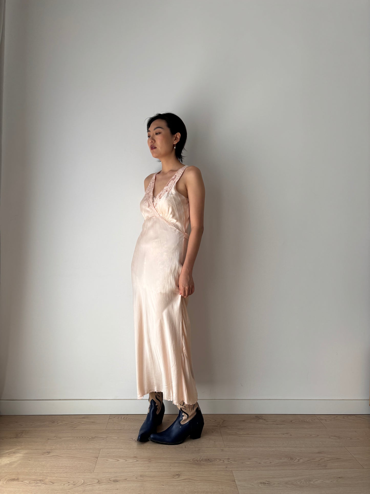 1930s Antique Pastel Pink Pure Silk Satin Lace Bias Cut Embroidered Nightgown Maxi Dress