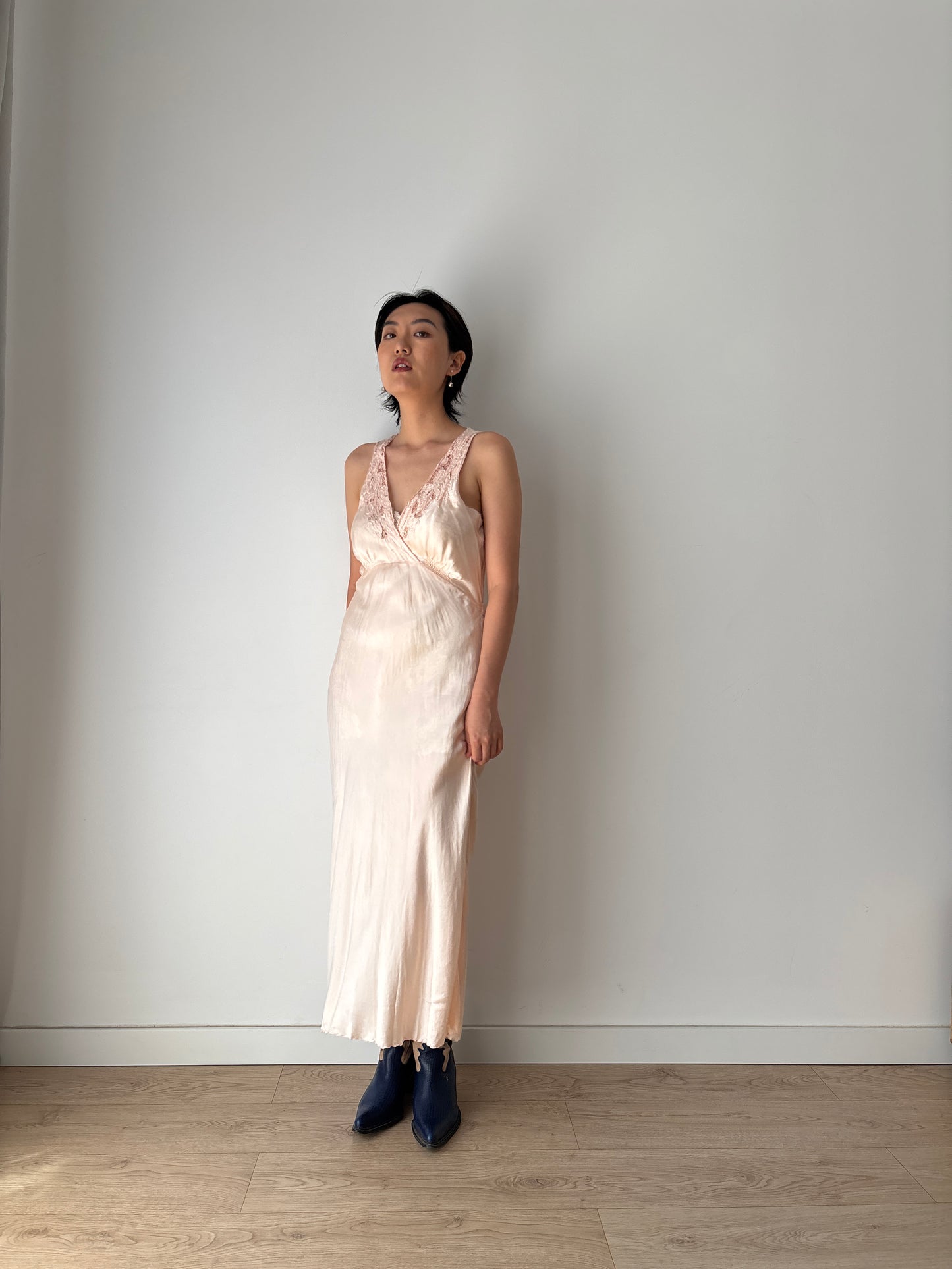 1930s Antique Pastel Pink Pure Silk Satin Lace Bias Cut Embroidered Nightgown Maxi Dress