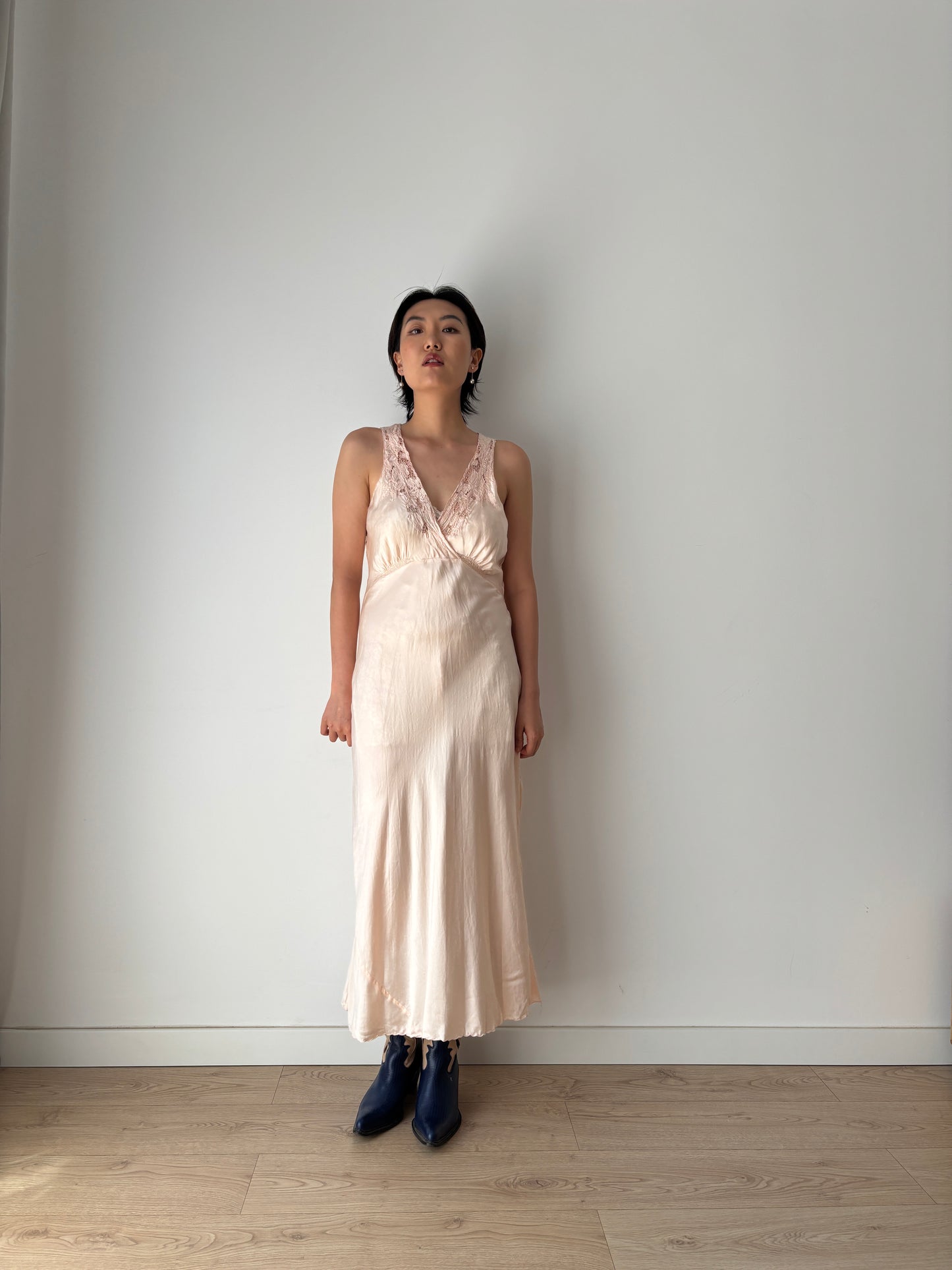 1930s Antique Pastel Pink Pure Silk Satin Lace Bias Cut Embroidered Nightgown Maxi Dress