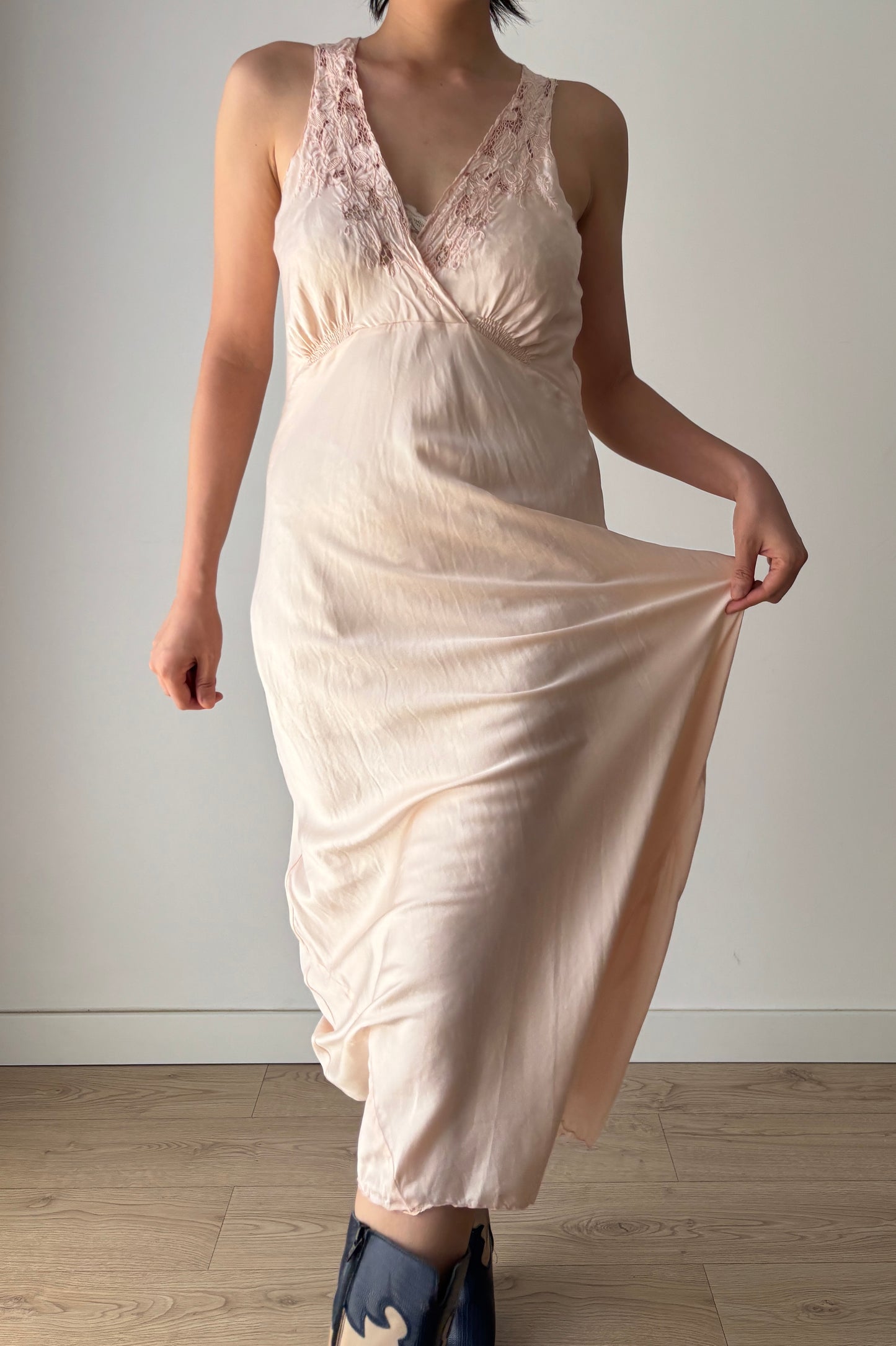 1930s Antique Pastel Pink Pure Silk Satin Lace Bias Cut Embroidered Nightgown Maxi Dress