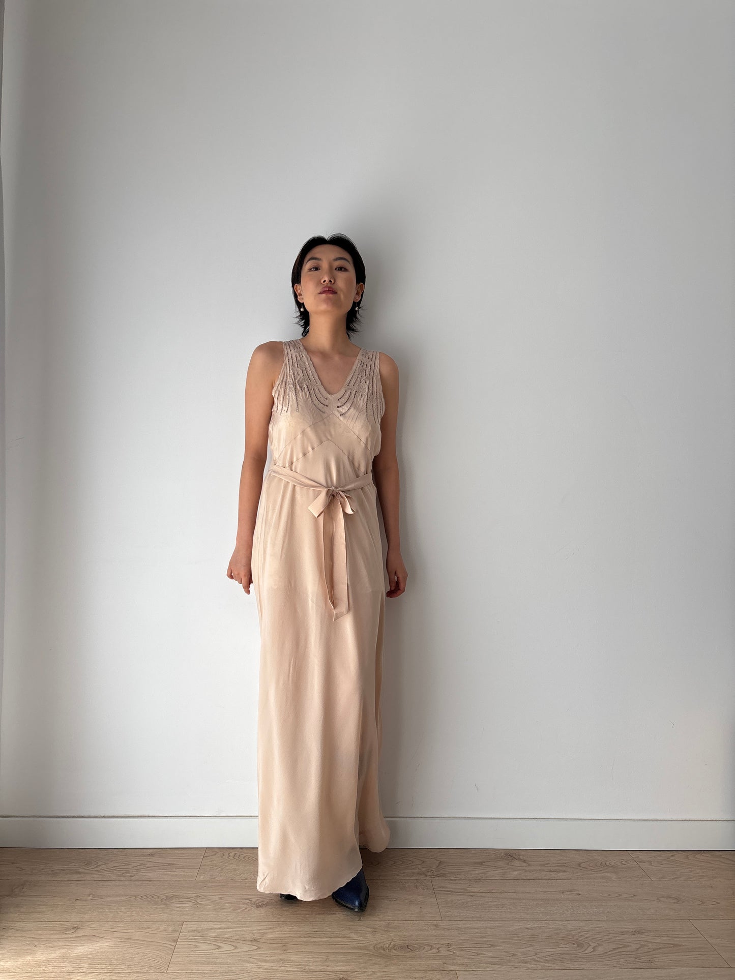 1930s brown beige liquid satin pure silk bias cut nightgown maxi lingerie dress