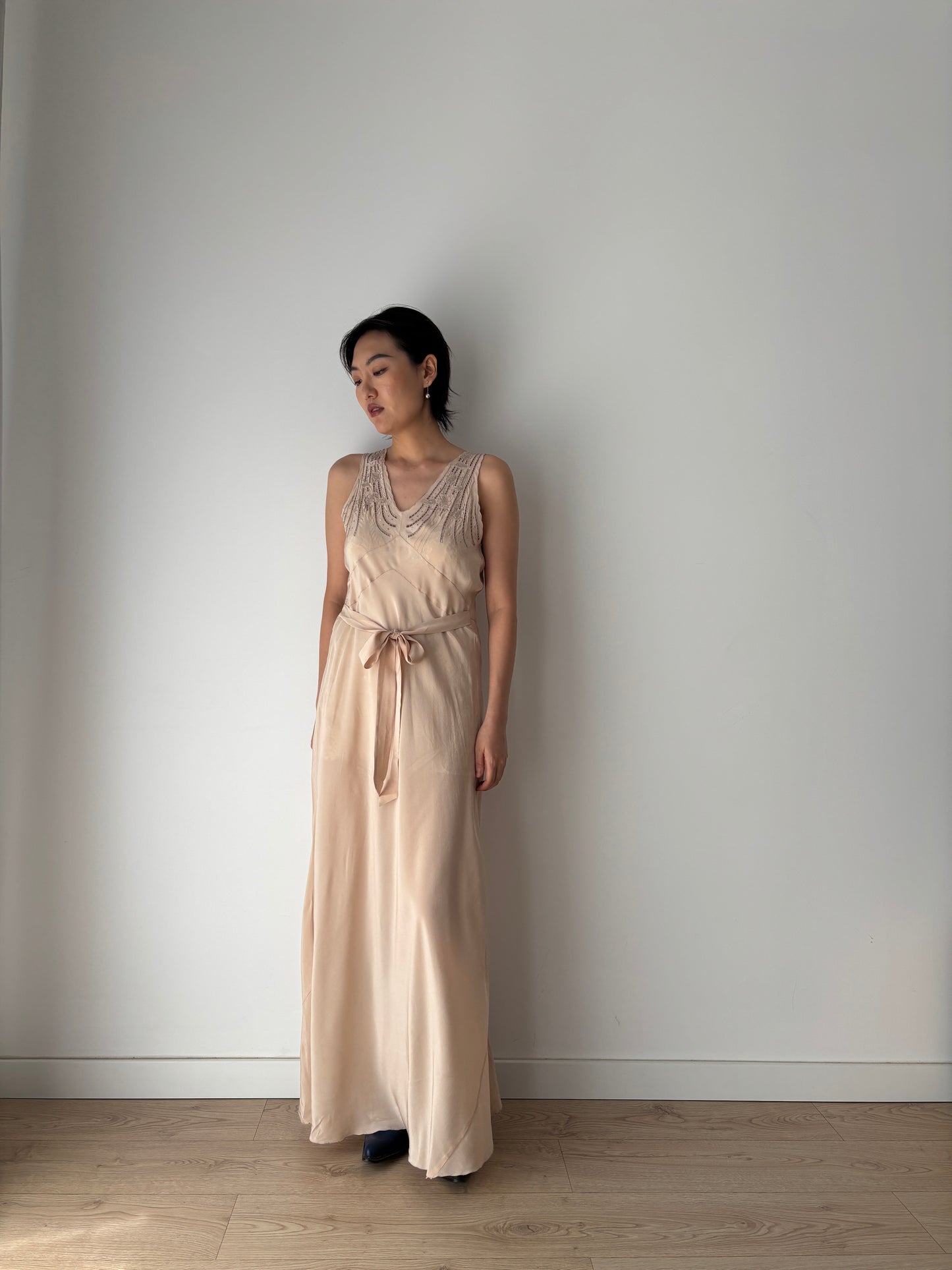 1930s brown beige liquid satin pure silk bias cut nightgown maxi lingerie dress