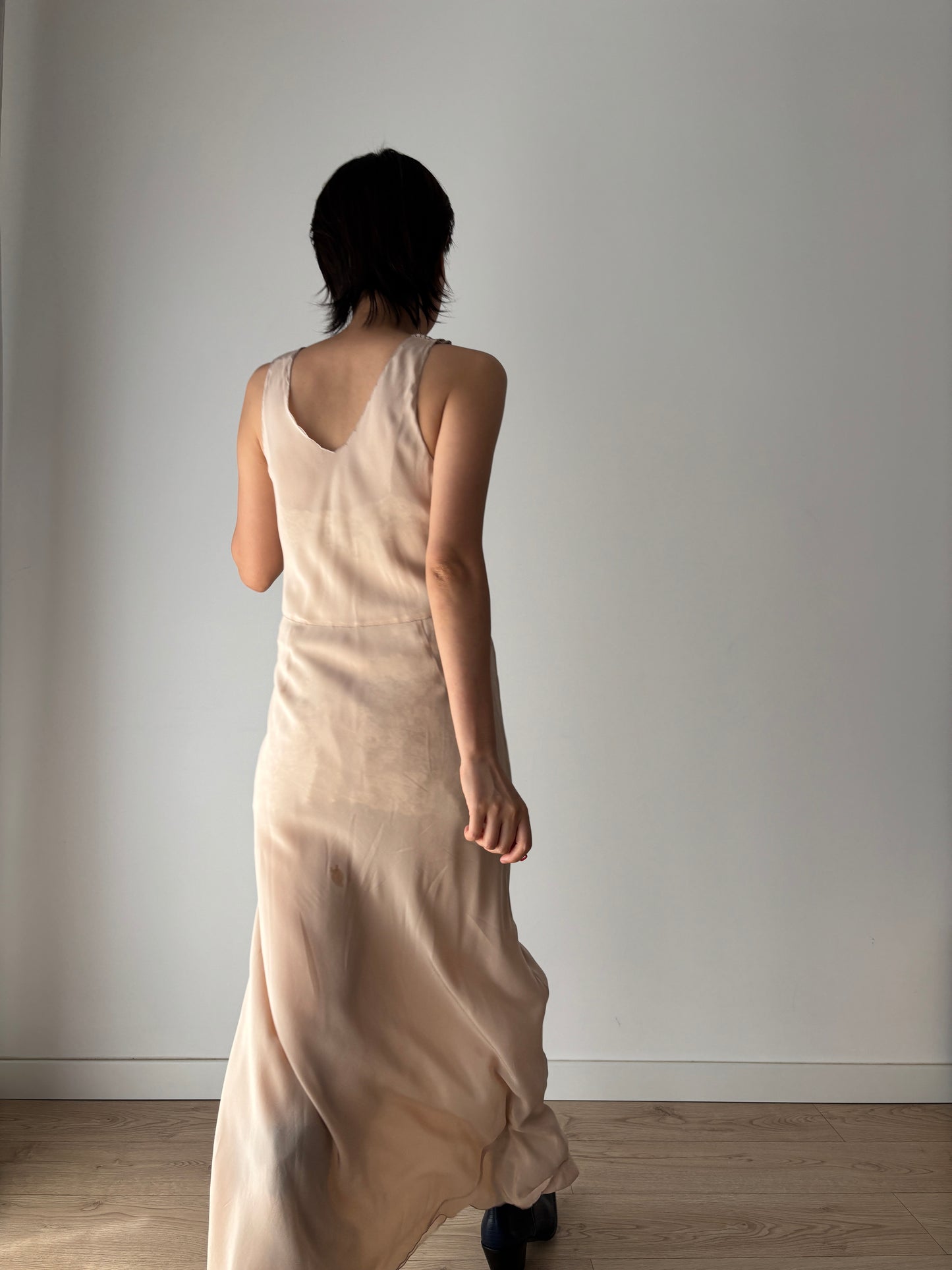 1930s brown beige liquid satin pure silk bias cut nightgown maxi lingerie dress