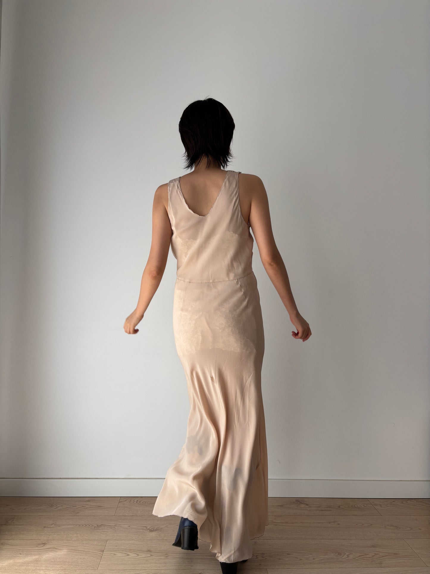 1930s brown beige liquid satin pure silk bias cut nightgown maxi lingerie dress