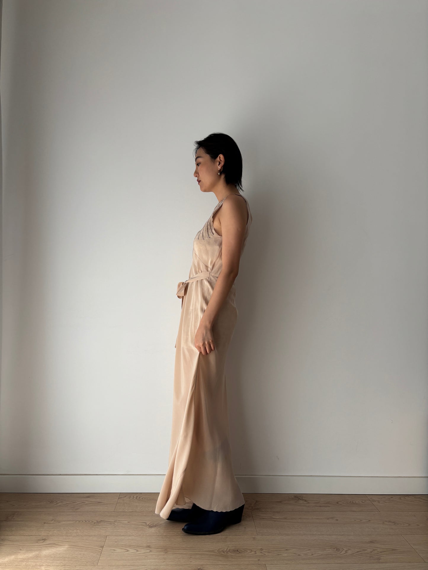 1930s brown beige liquid satin pure silk bias cut nightgown maxi lingerie dress