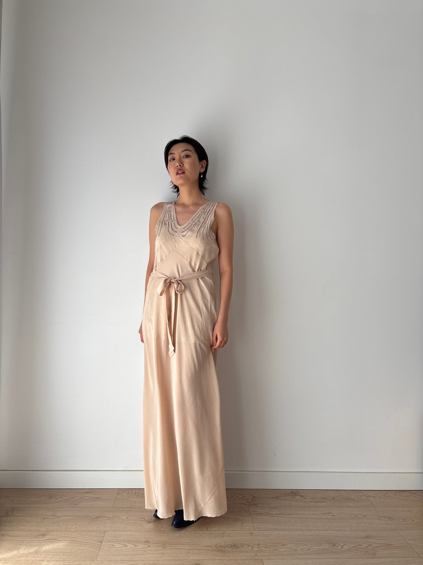 1930s brown beige liquid satin pure silk bias cut nightgown maxi lingerie dress