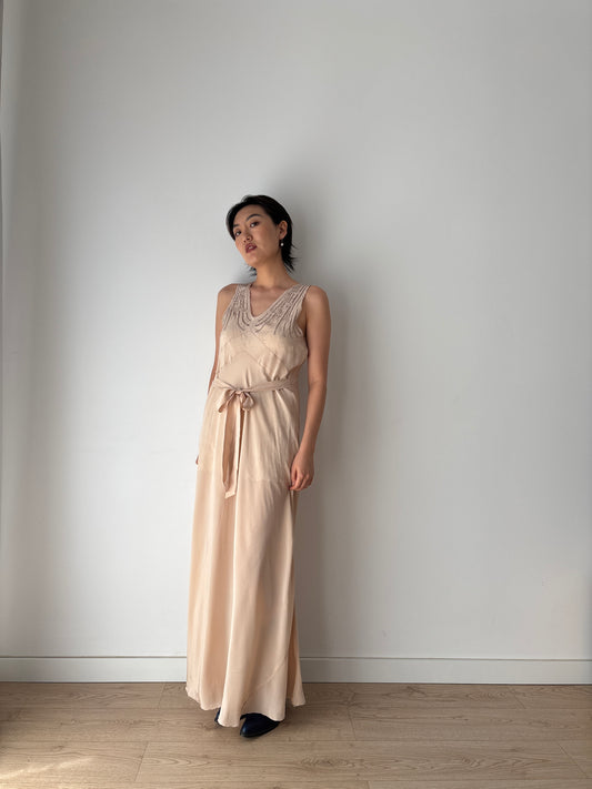 1930s brown beige liquid satin pure silk bias cut nightgown maxi lingerie dress
