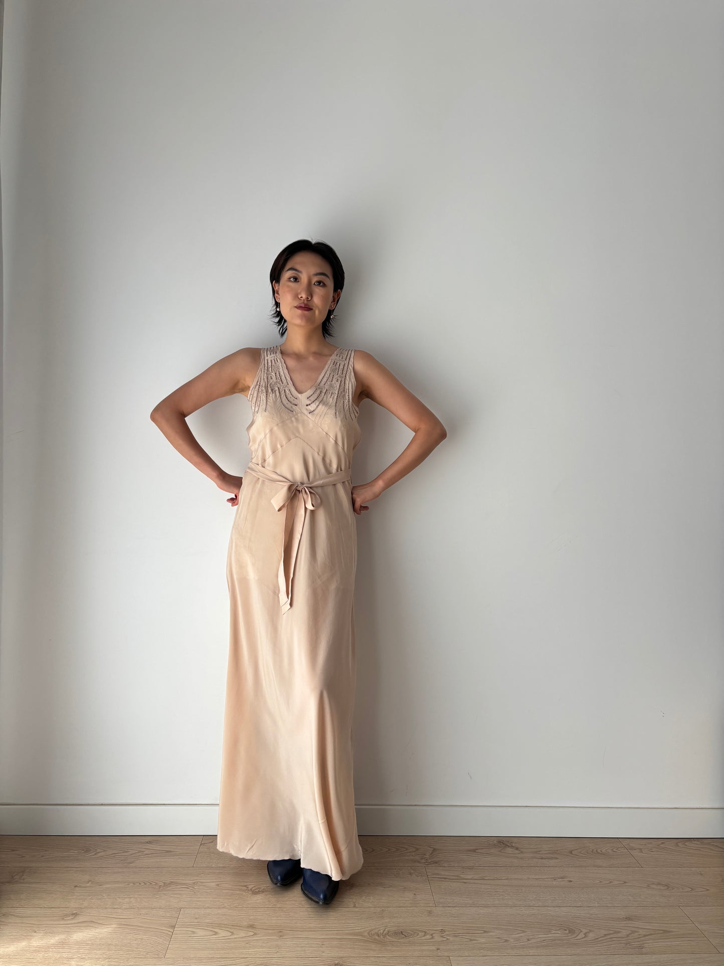 1930s brown beige liquid satin pure silk bias cut nightgown maxi lingerie dress