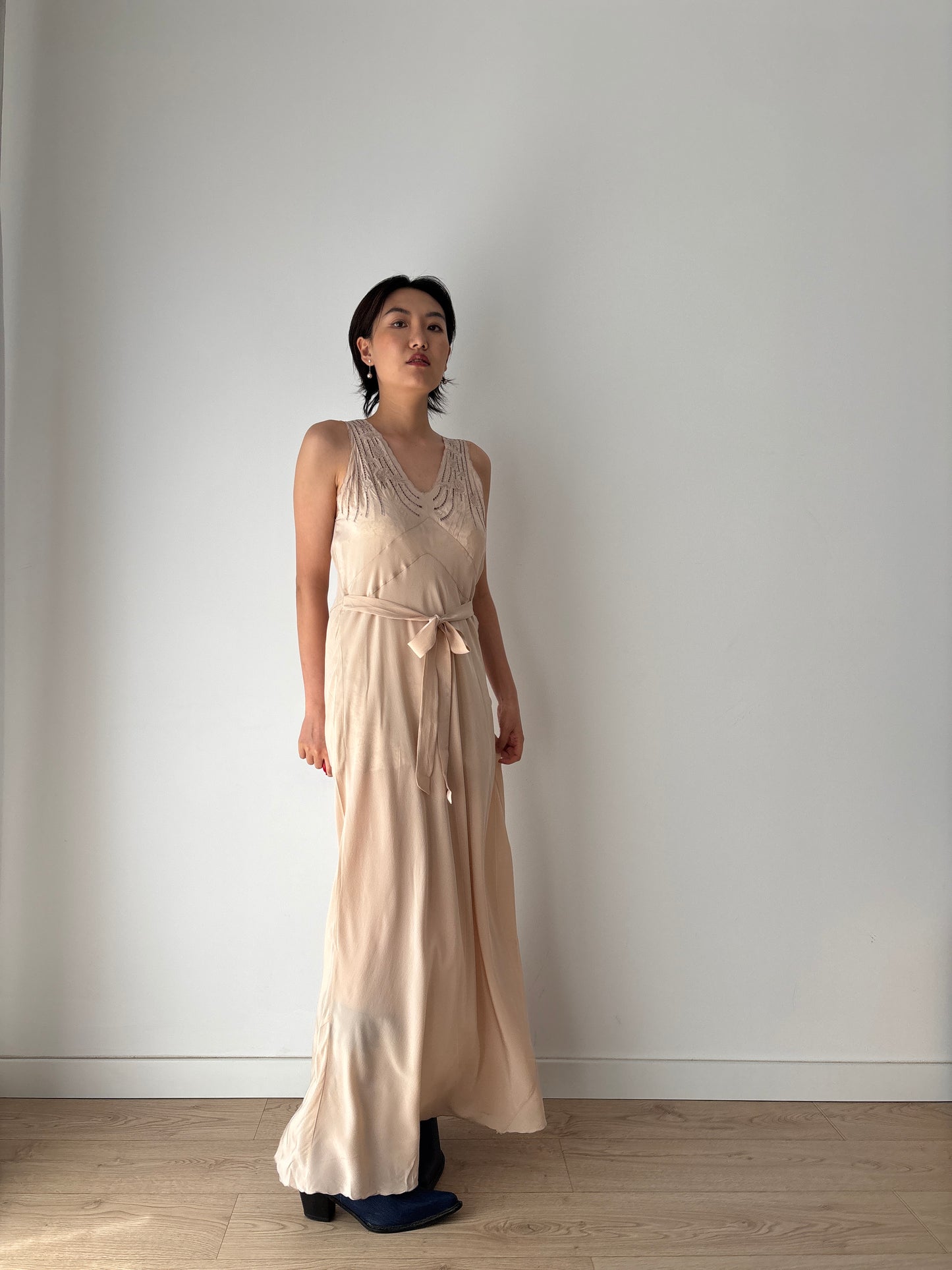 1930s brown beige liquid satin pure silk bias cut nightgown maxi lingerie dress