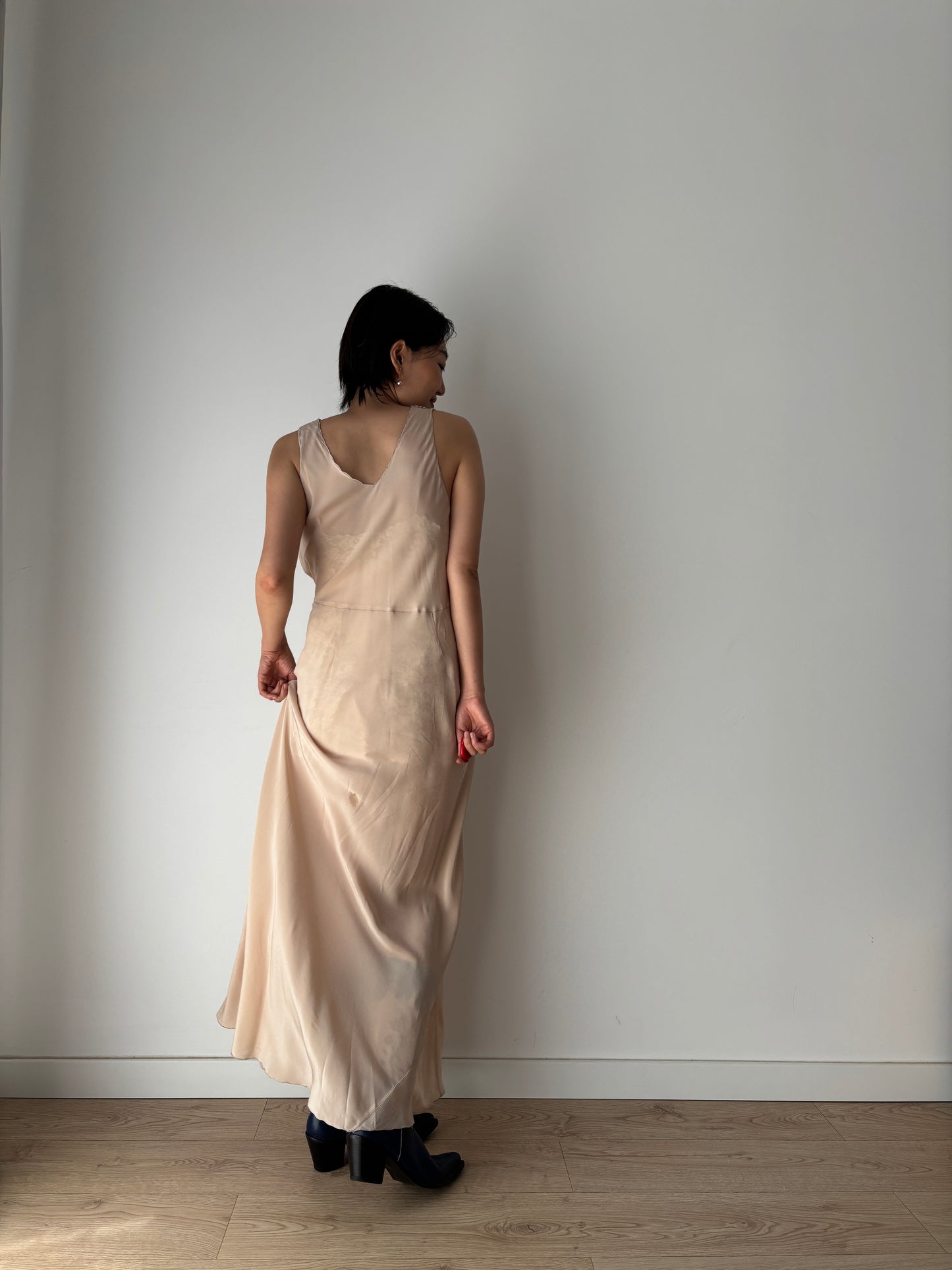1930s brown beige liquid satin pure silk bias cut nightgown maxi lingerie dress