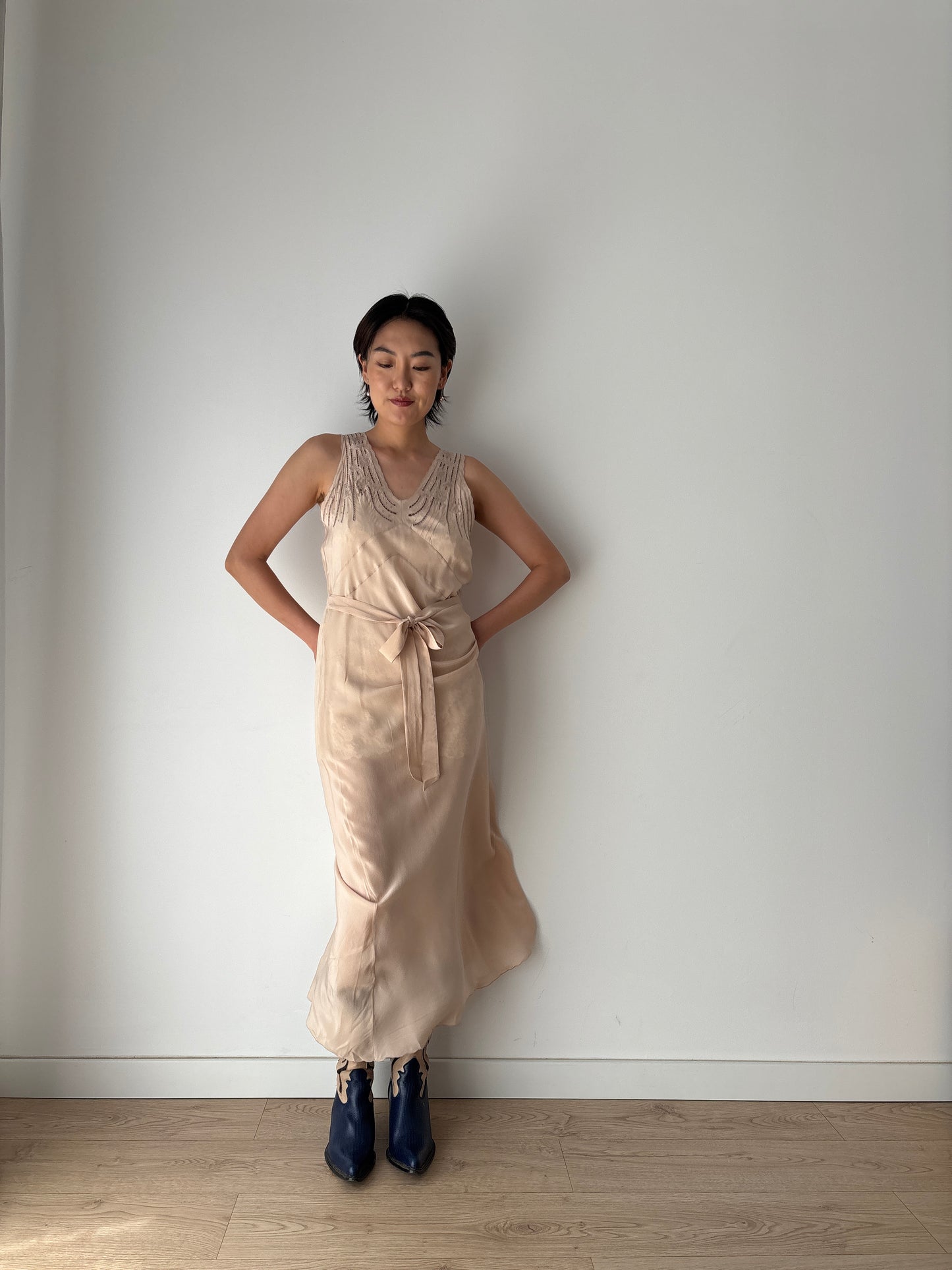 1930s brown beige liquid satin pure silk bias cut nightgown maxi lingerie dress