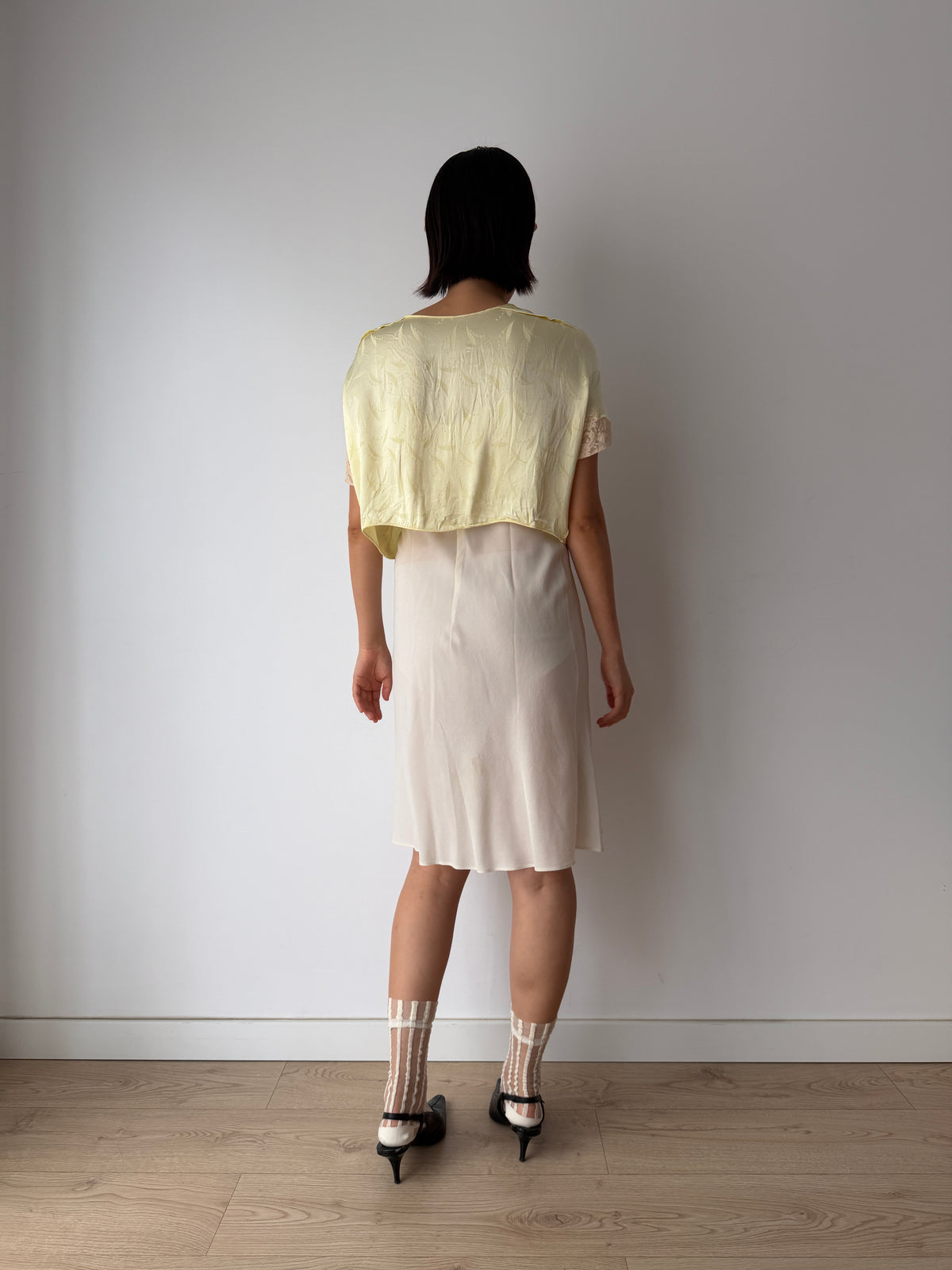 1940s Pale Yellow Silk Satin Bed Jacket | Antique Lace Trim Lingerie Bolero