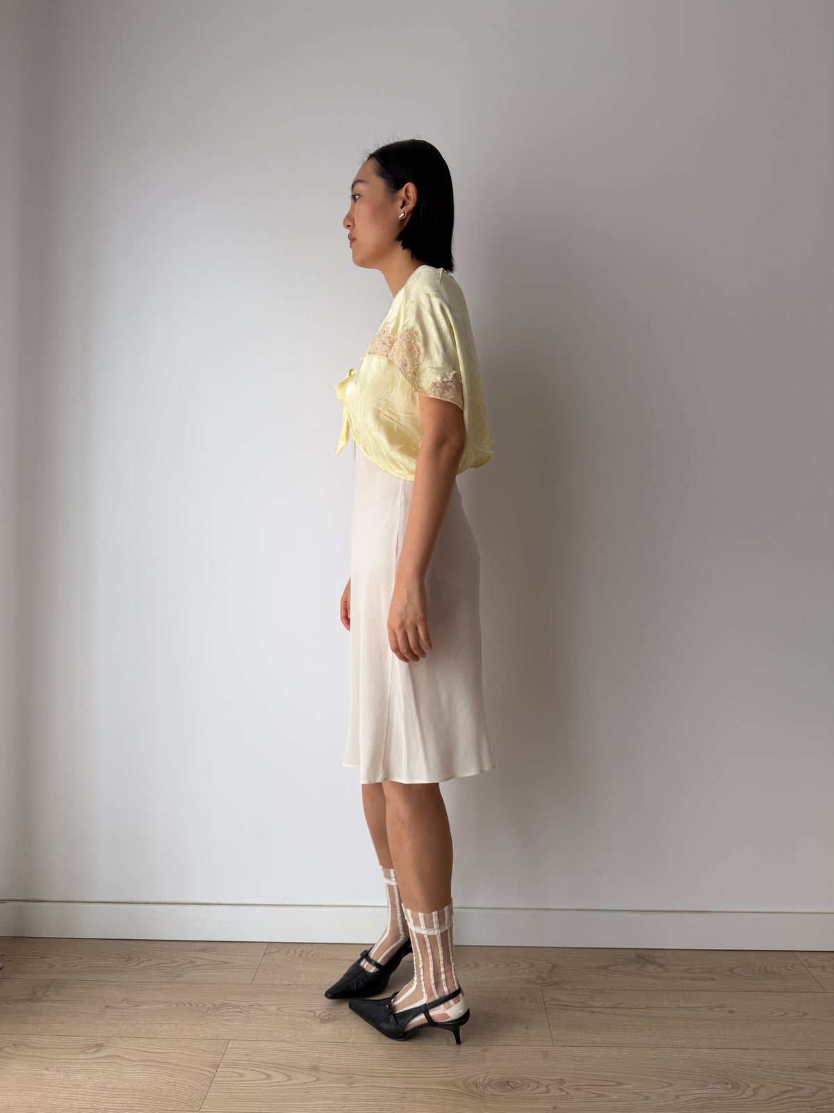 1940s Pale Yellow Silk Satin Bed Jacket | Antique Lace Trim Lingerie Bolero