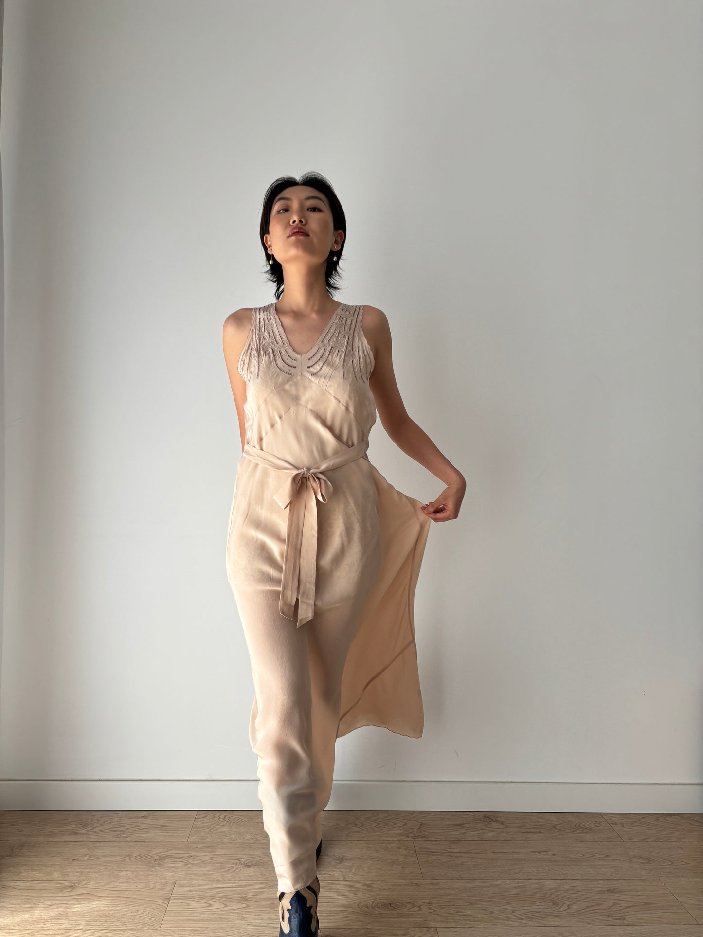 1930s brown beige liquid satin pure silk bias cut nightgown maxi lingerie dress