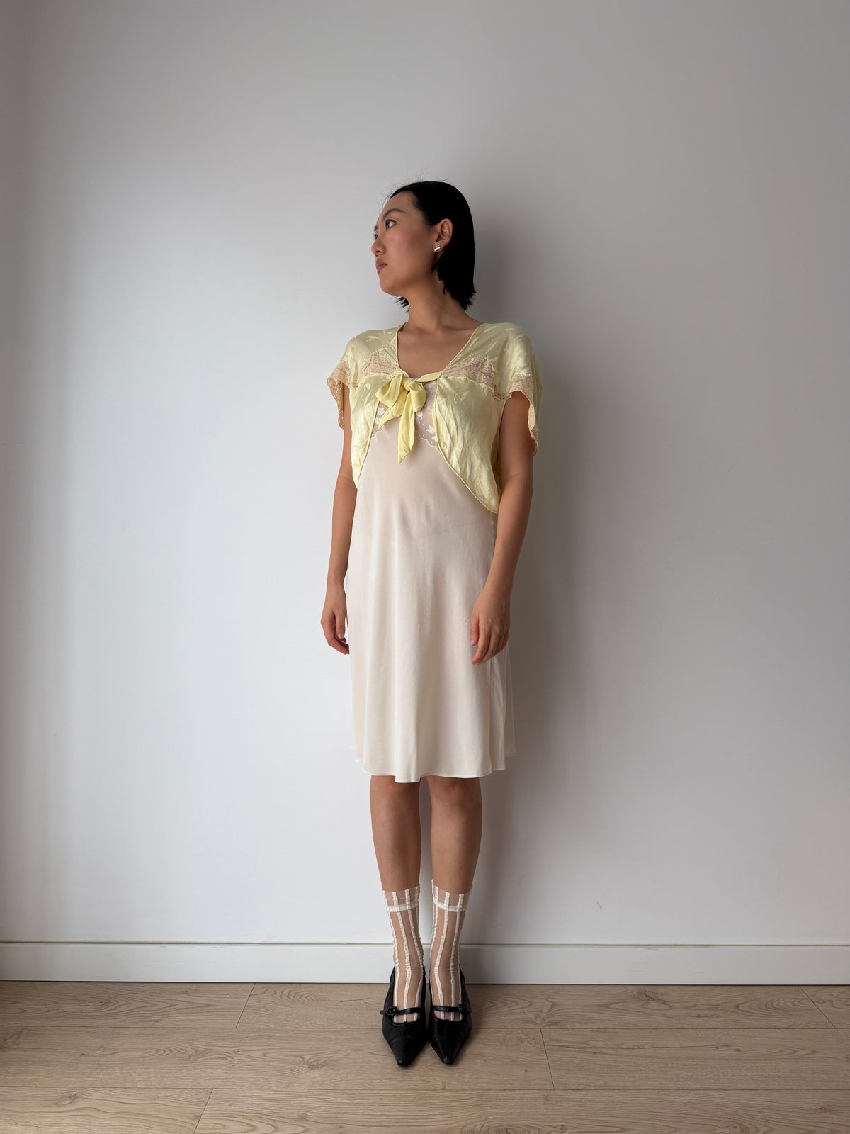 1940s Pale Yellow Silk Satin Bed Jacket | Antique Lace Trim Lingerie Bolero