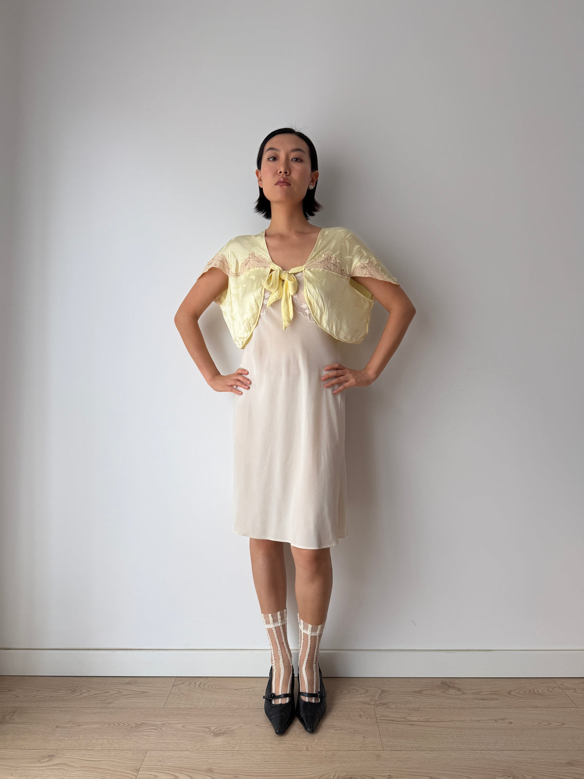 1940s Pale Yellow Silk Satin Bed Jacket | Antique Lace Trim Lingerie Bolero