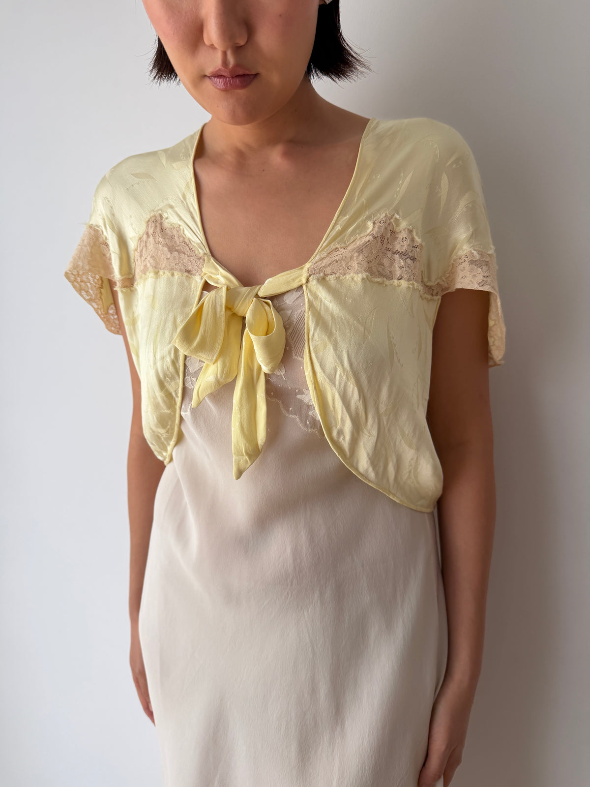 1940s Pale Yellow Silk Satin Bed Jacket | Antique Lace Trim Lingerie Bolero