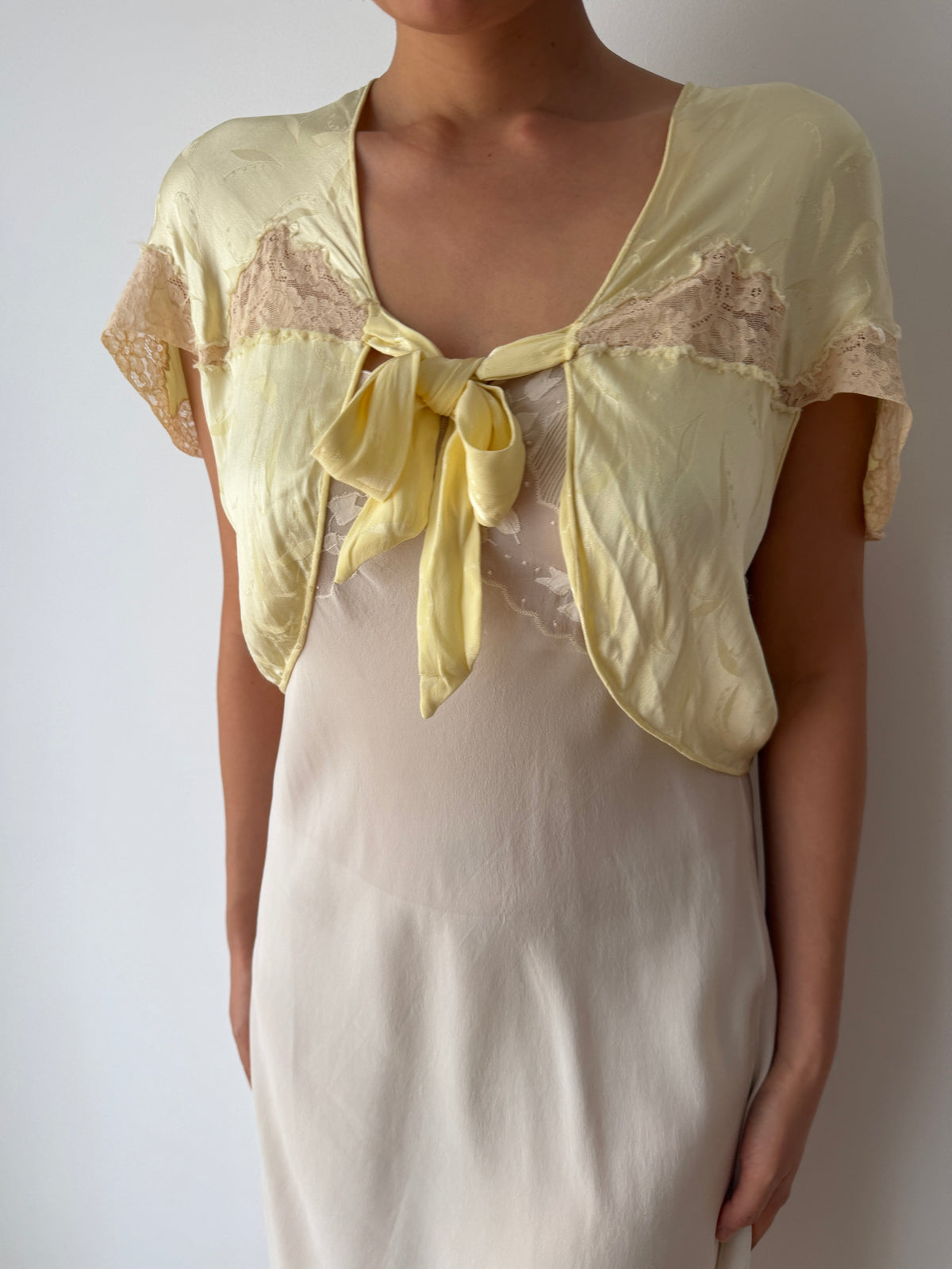 1940s Pale Yellow Silk Satin Bed Jacket | Antique Lace Trim Lingerie Bolero