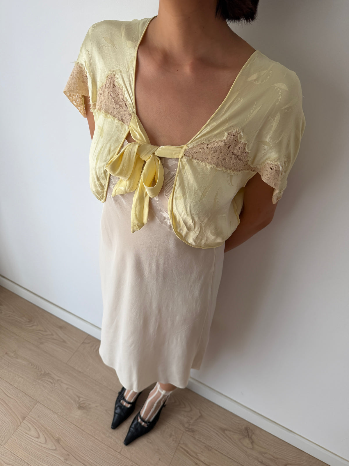 1940s Pale Yellow Silk Satin Bed Jacket | Antique Lace Trim Lingerie Bolero