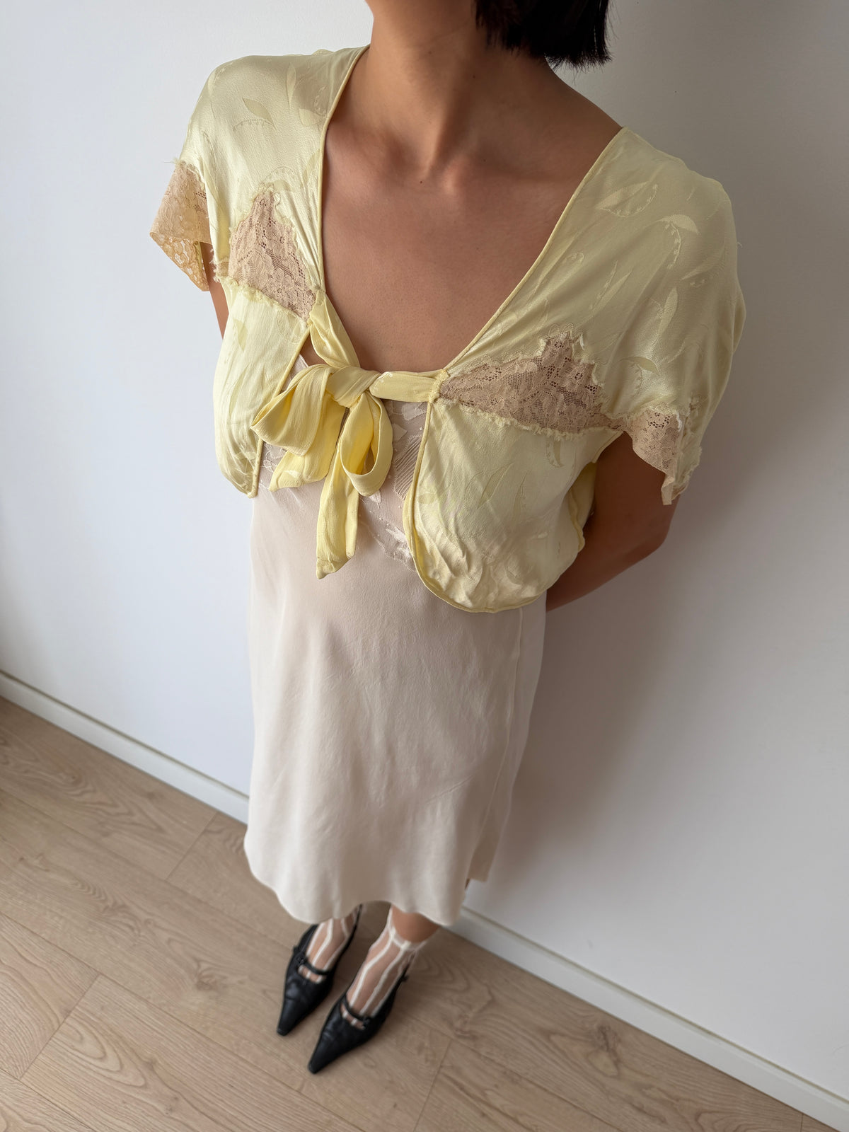 1940s Pale Yellow Silk Satin Bed Jacket | Antique Lace Trim Lingerie Bolero