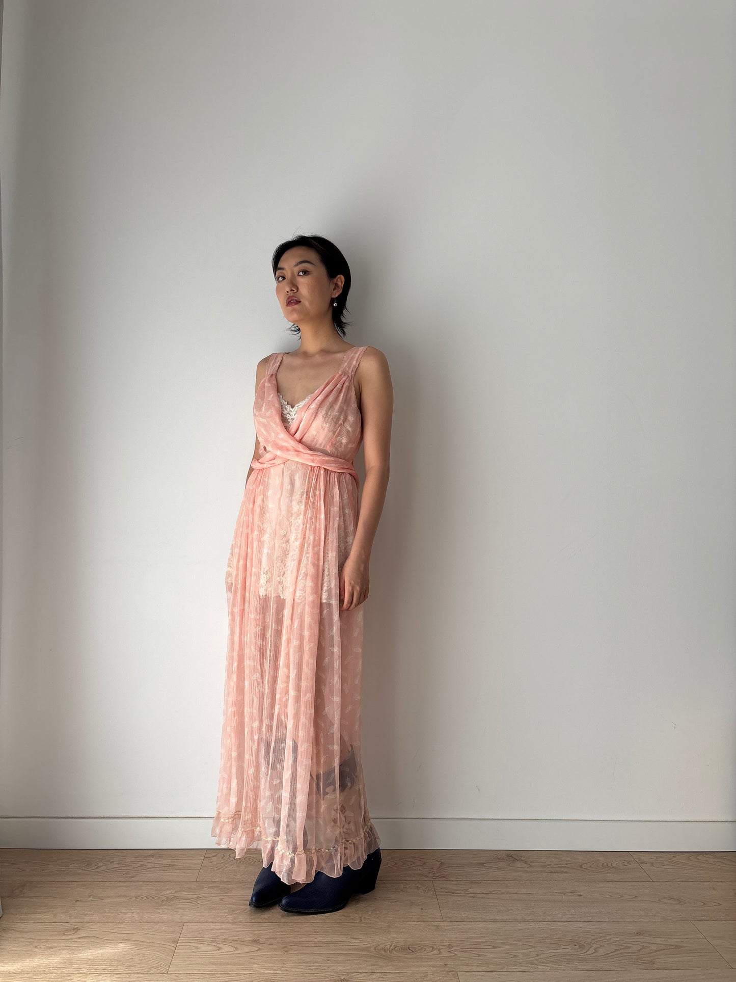 1930s Antique Bias Cut Negligee Pure Silk Chiffon Lace Romantic Liquid dress