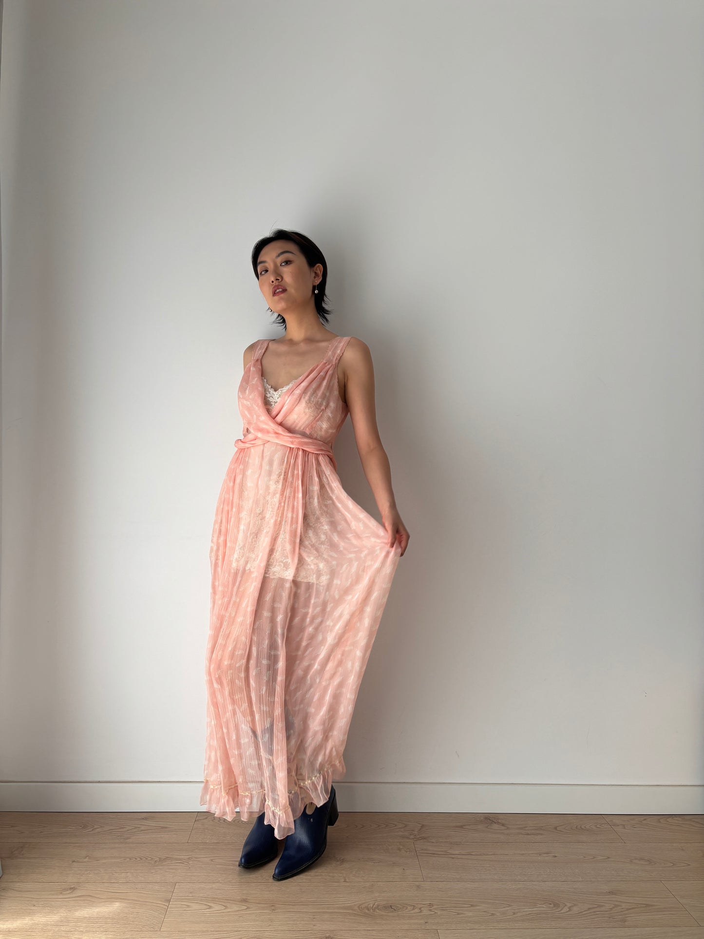 1930s Antique Bias Cut Negligee Pure Silk Chiffon Lace Romantic Liquid dress