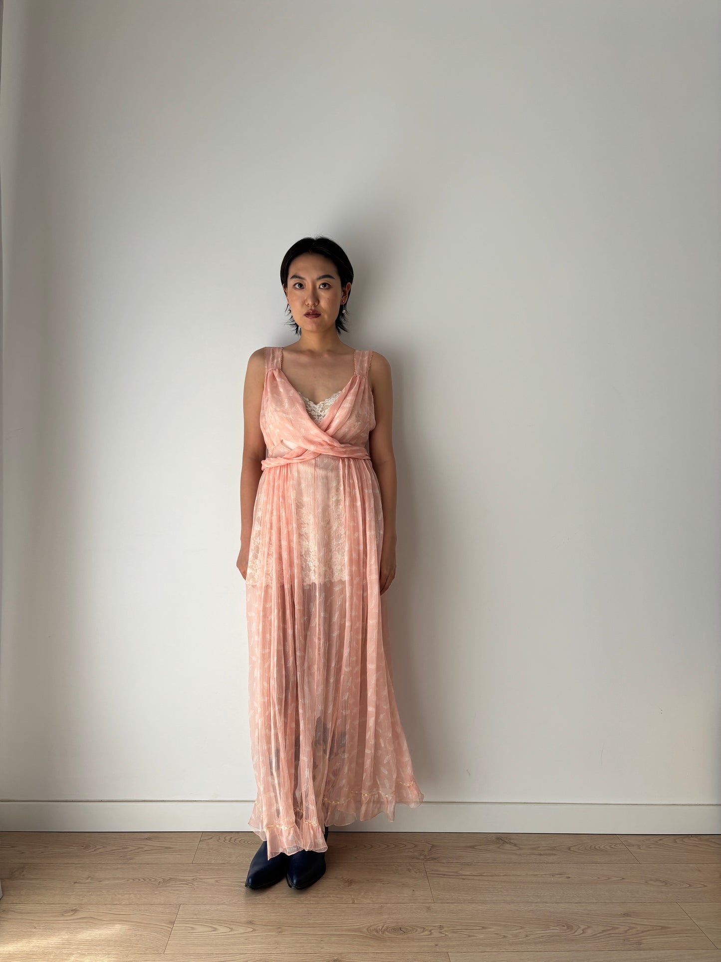 1930s Antique Bias Cut Negligee Pure Silk Chiffon Lace Romantic Liquid dress