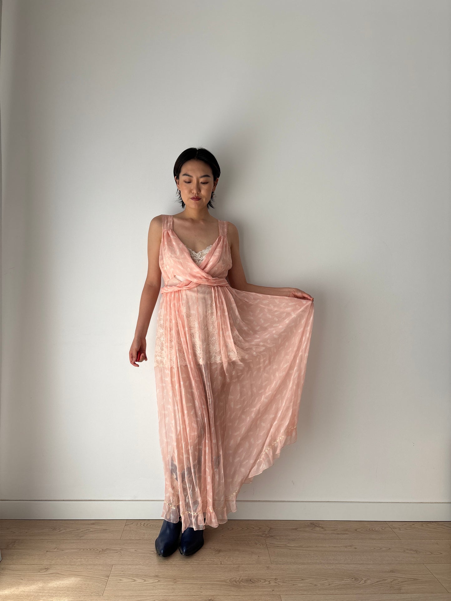 1930s Antique Bias Cut Negligee Pure Silk Chiffon Lace Romantic Liquid dress