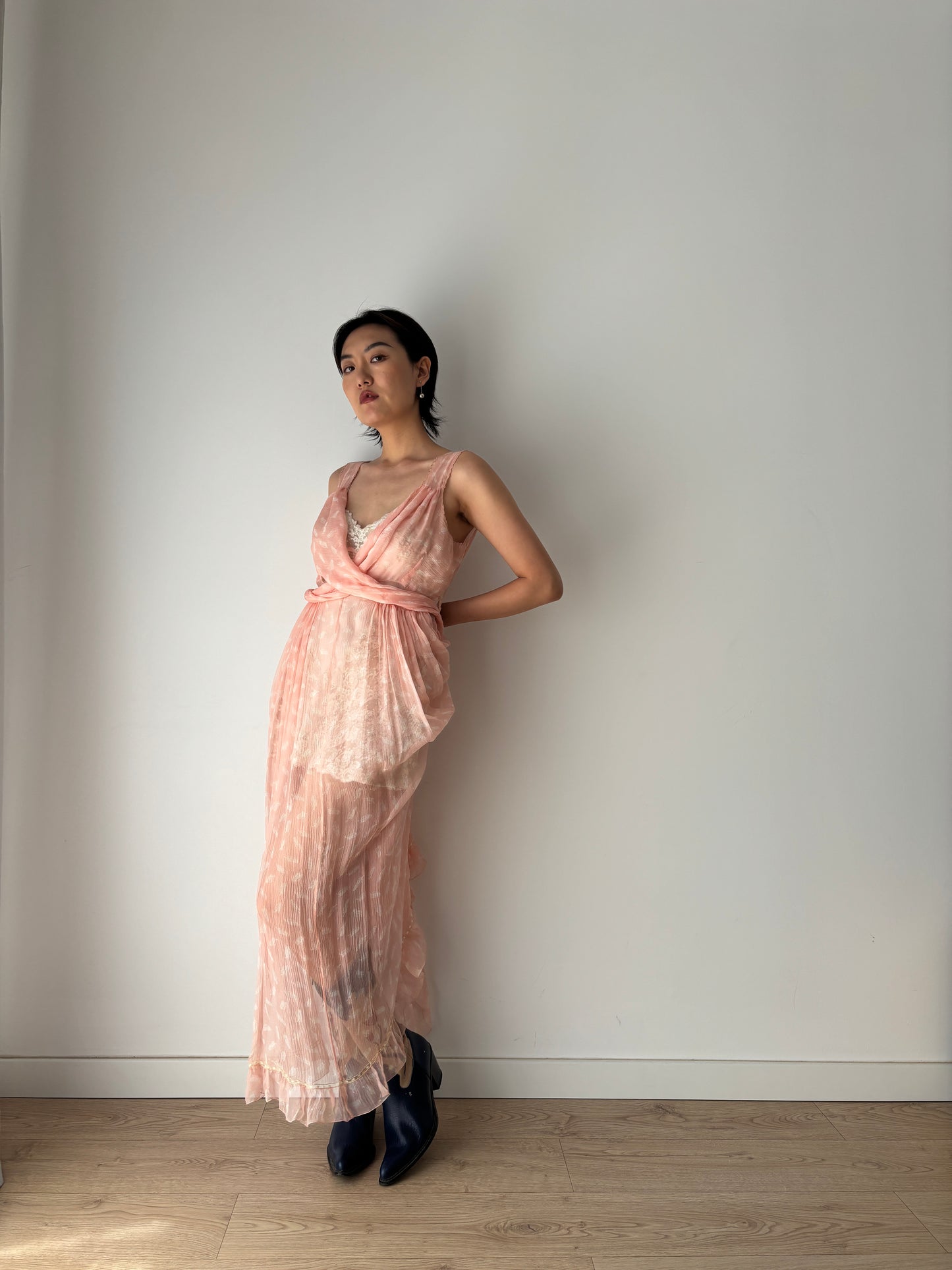 1930s Antique Bias Cut Negligee Pure Silk Chiffon Lace Romantic Liquid dress