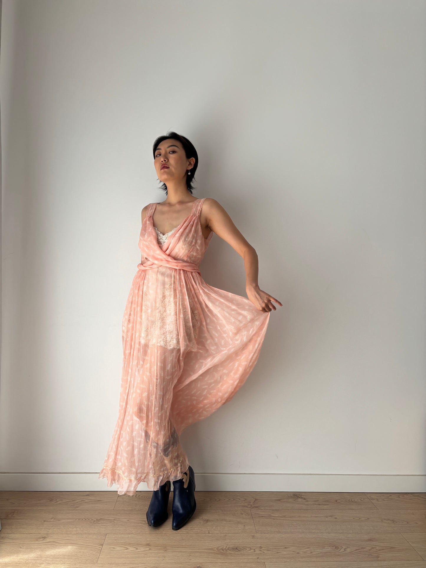 1930s Antique Bias Cut Negligee Pure Silk Chiffon Lace Romantic Liquid dress