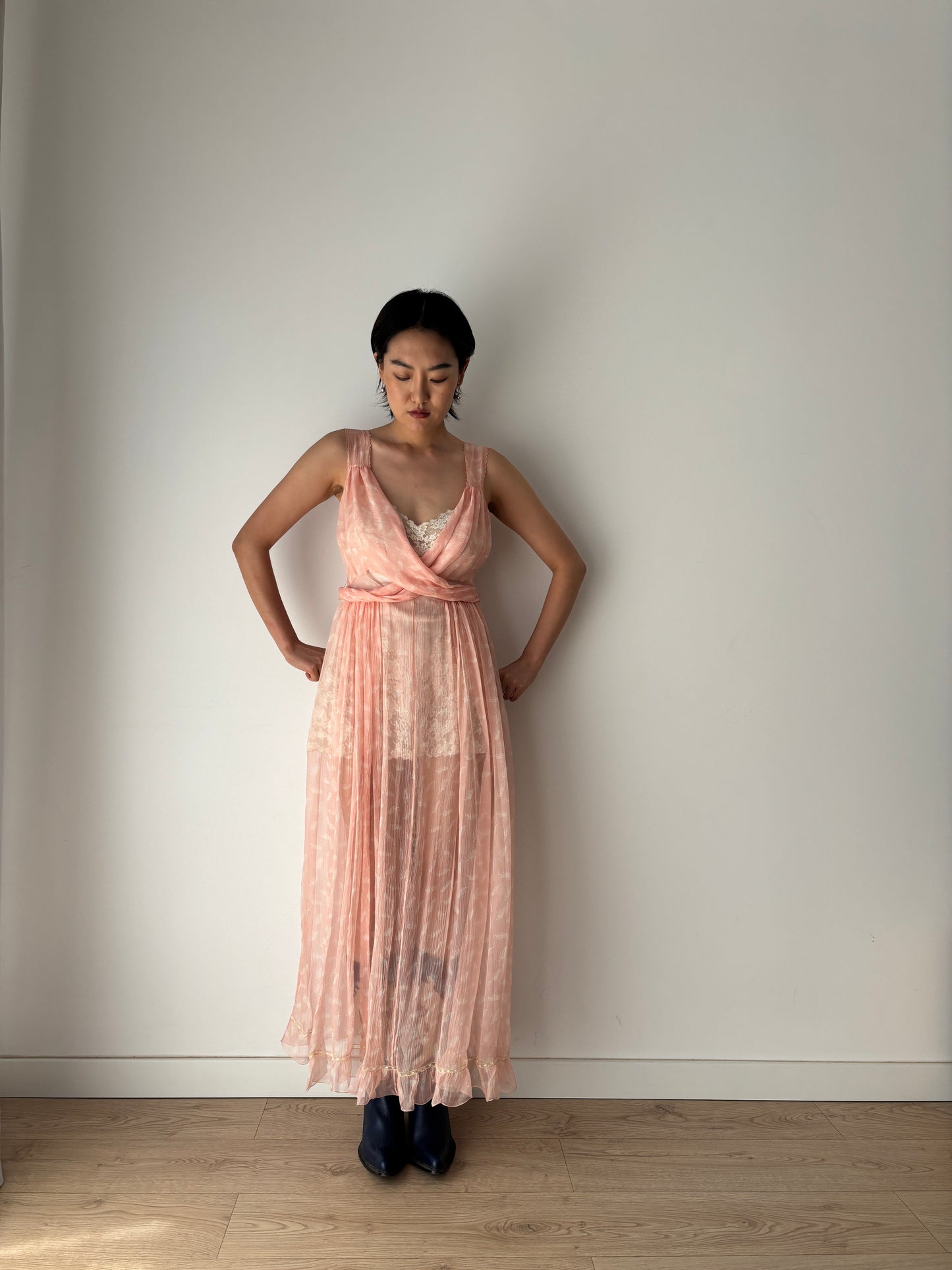 1930s Antique Bias Cut Negligee Pure Silk Chiffon Lace Romantic Liquid dress