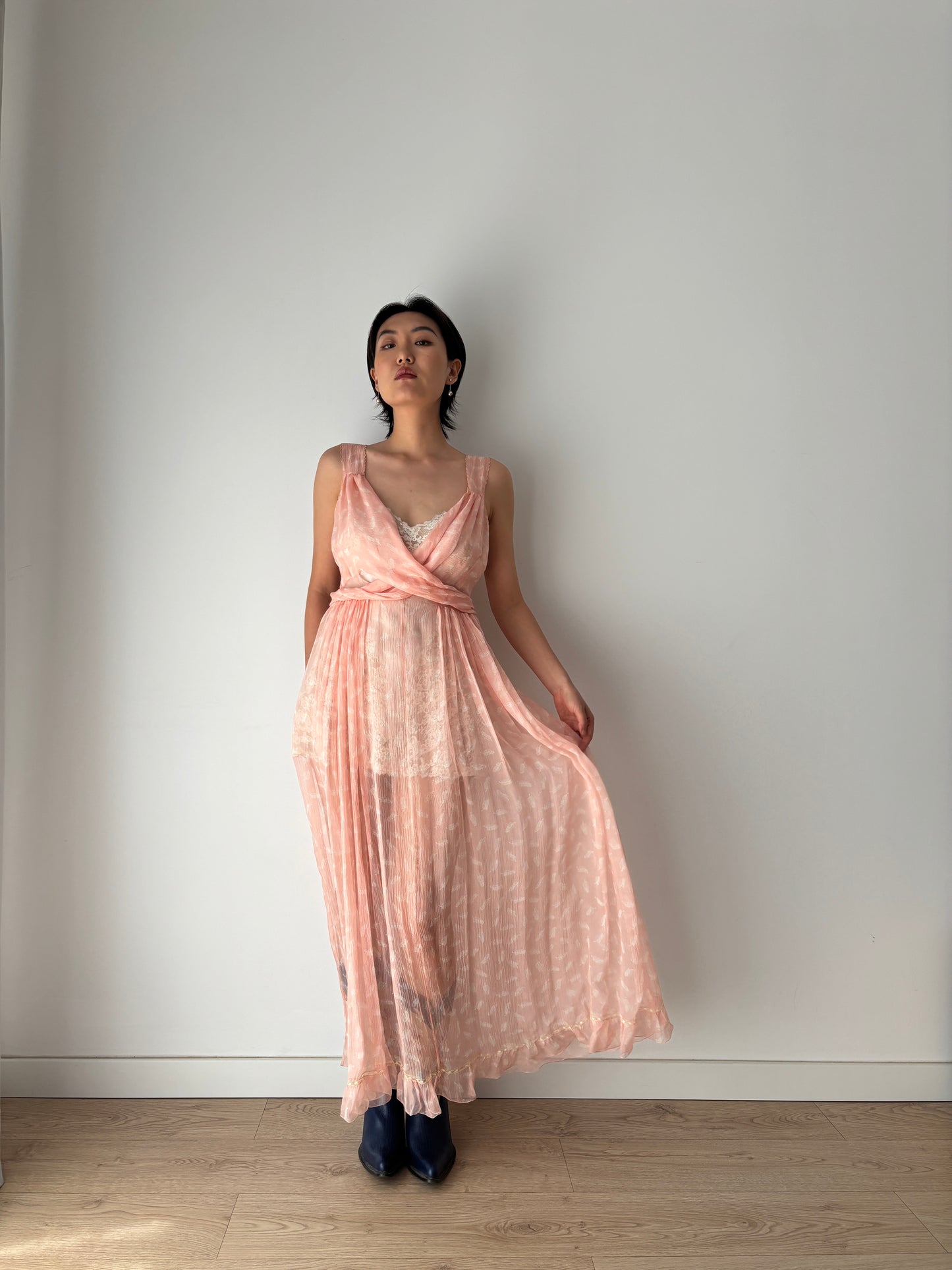 1930s Antique Bias Cut Negligee Pure Silk Chiffon Lace Romantic Liquid dress