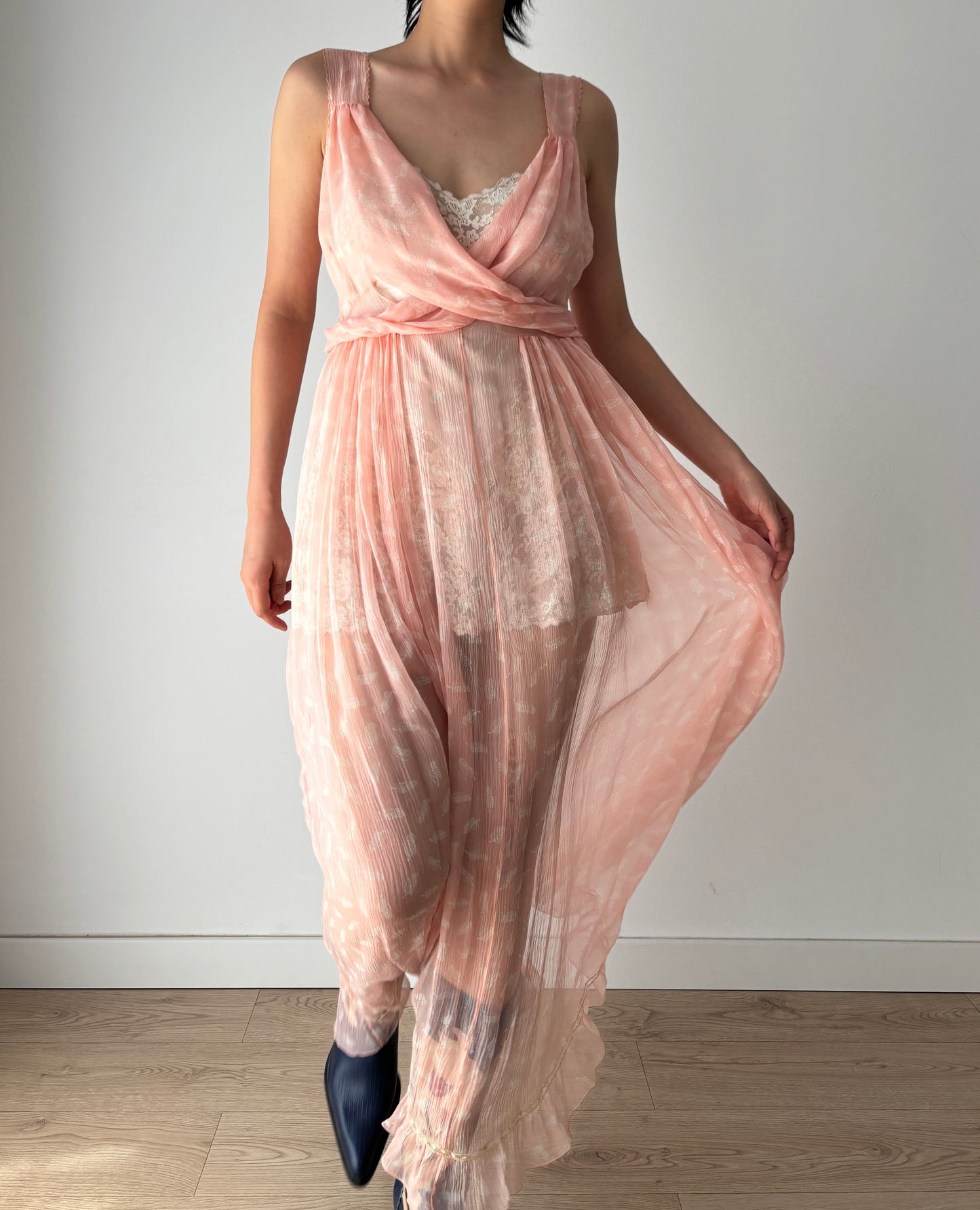 1930s Antique Bias Cut Negligee Pure Silk Chiffon Lace Romantic Liquid dress