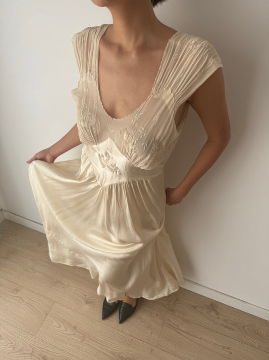 1930s Pure Silk Lace Appliqué French Wedding Dress, Bias Cut Bridal Slip Gown, Old Hollywood Lingerie