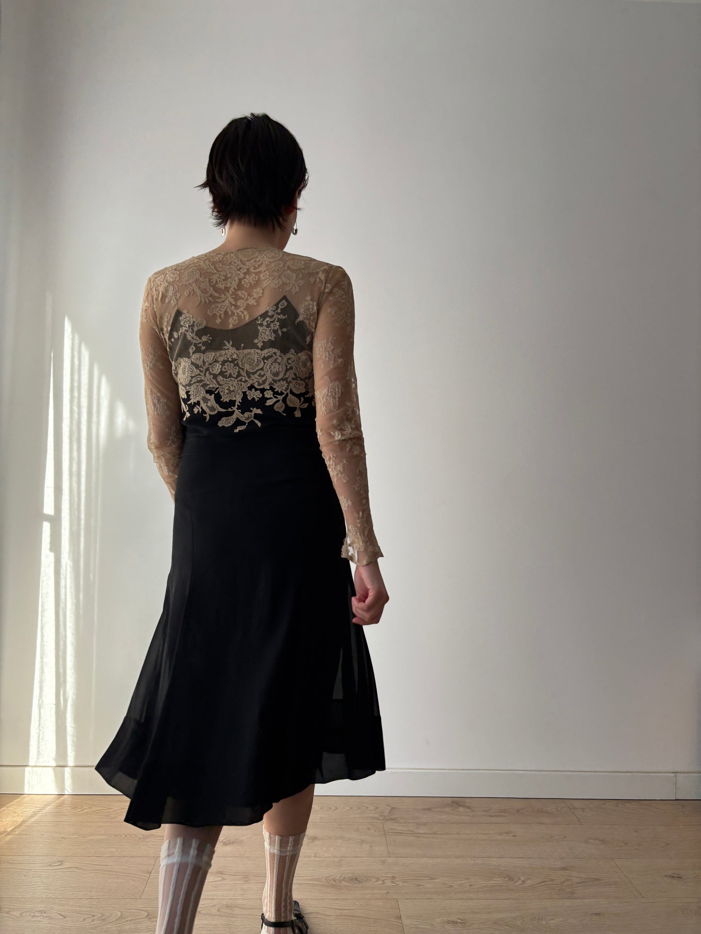 1930s Black Silk Chiffon Dress Set: Bias Cut with Floral Lace Appliqué