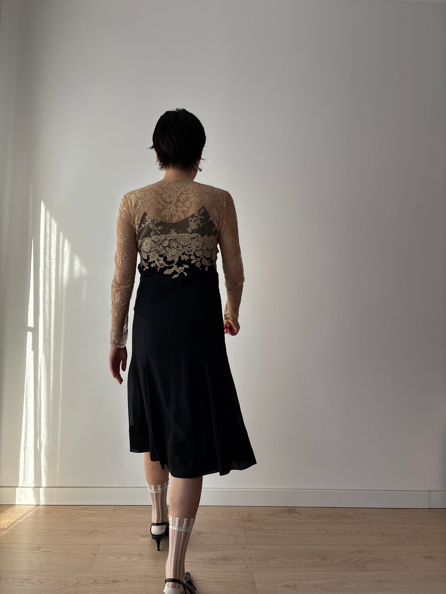 1930s Black Silk Chiffon Dress Set: Bias Cut with Floral Lace Appliqué