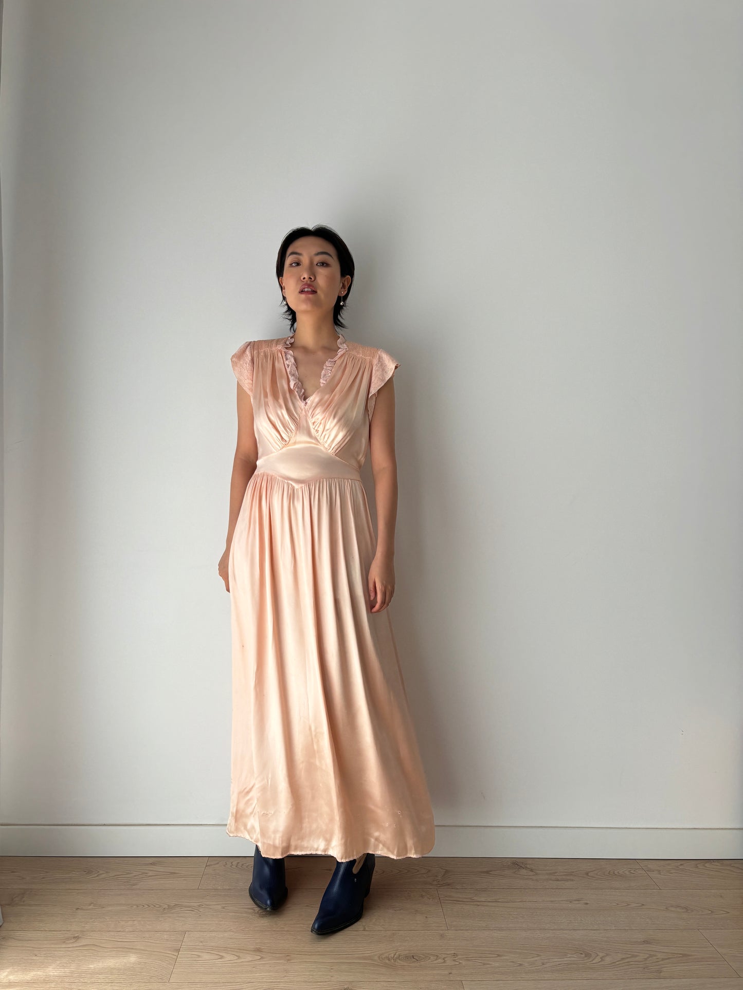 1930s Antique Lace Pastel Pink Pure Silk Satin lace Bridal Slip Dress