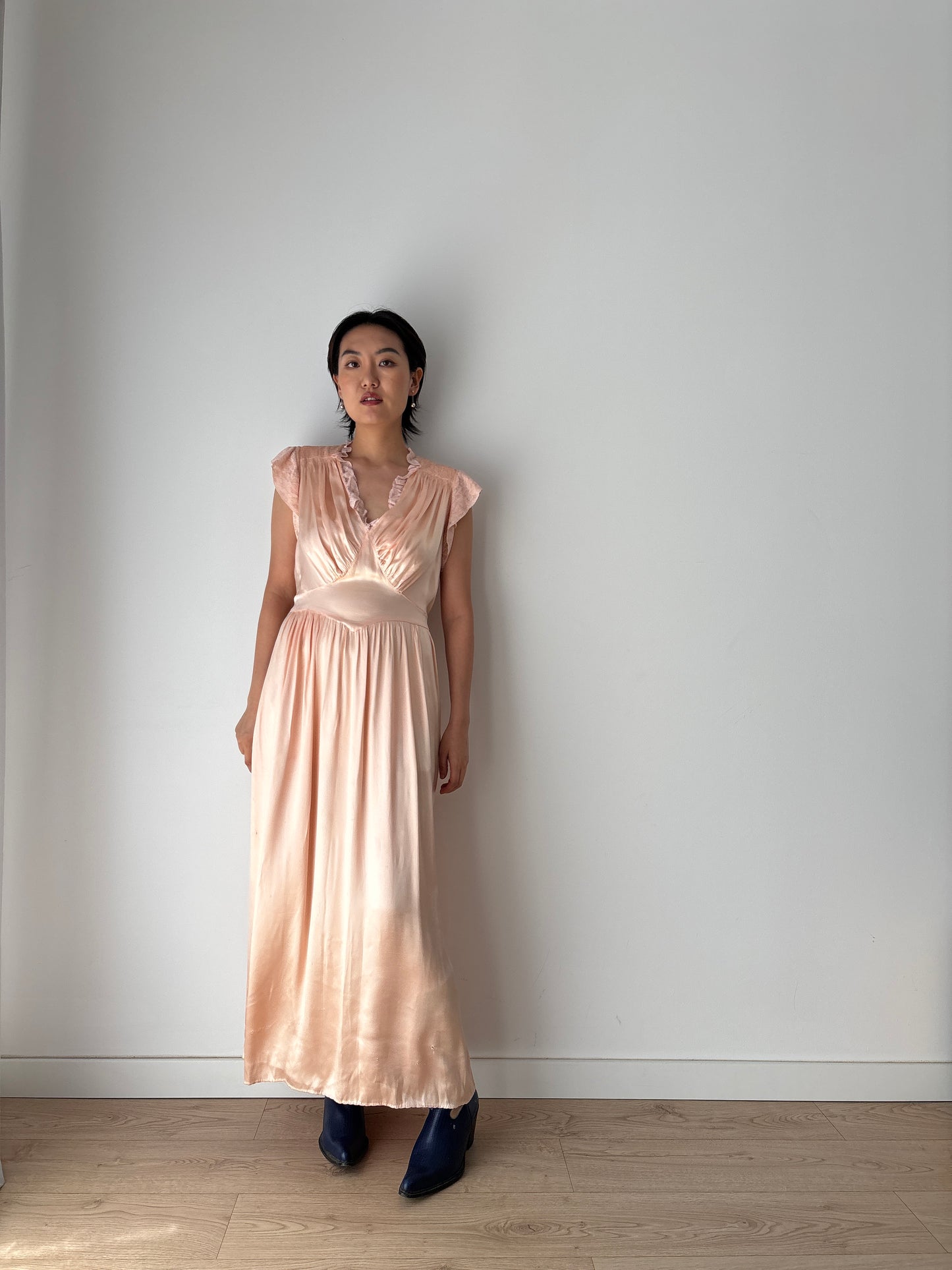 1930s Antique Lace Pastel Pink Pure Silk Satin lace Bridal Slip Dress