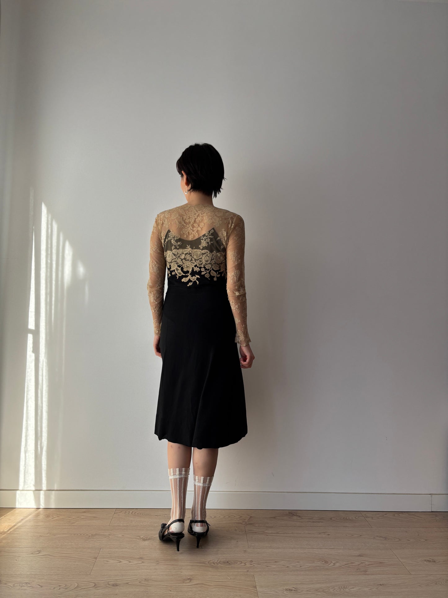 1930s Black Silk Chiffon Dress Set: Bias Cut with Floral Lace Appliqué