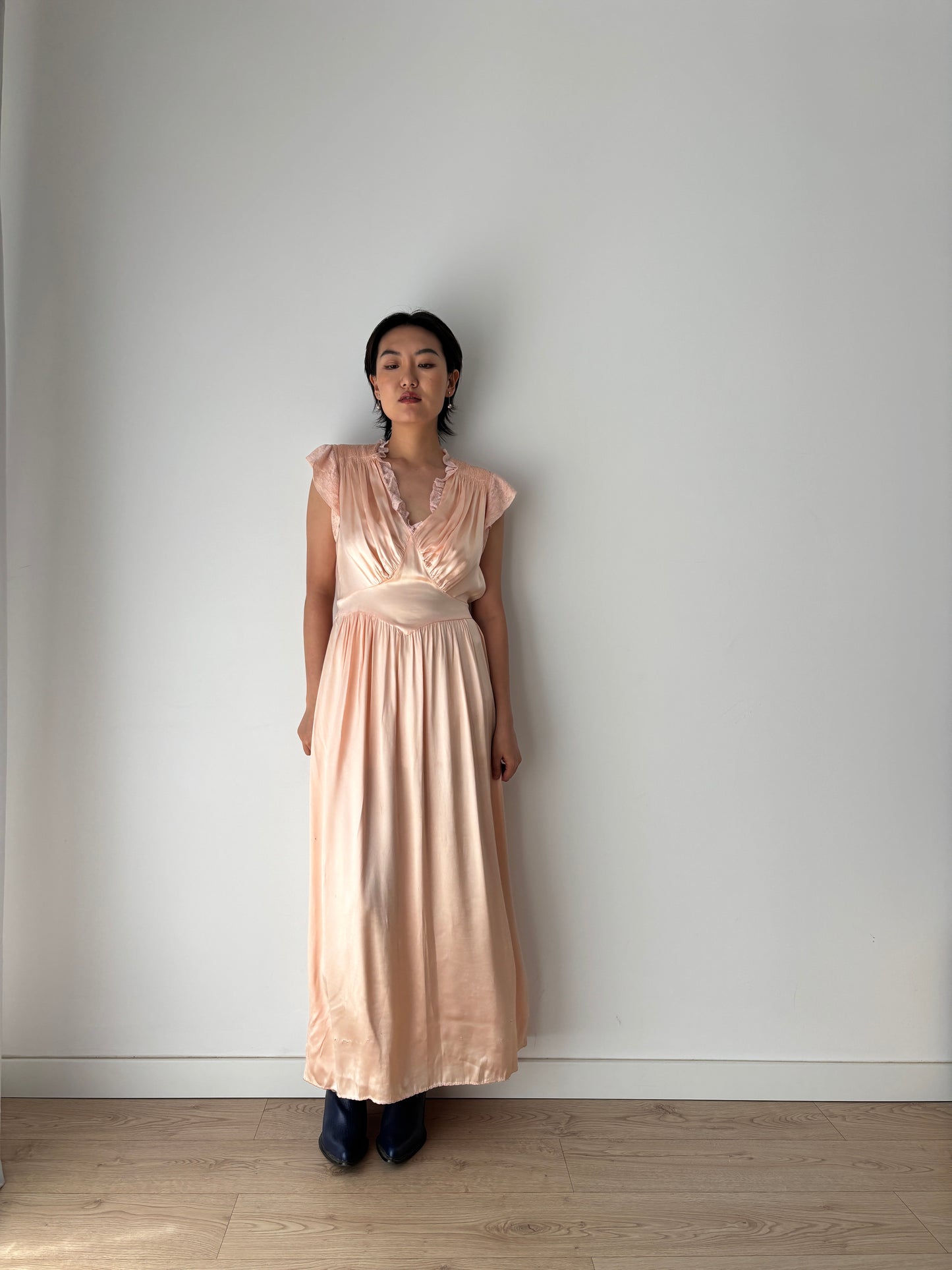 1930s Antique Lace Pastel Pink Pure Silk Satin lace Bridal Slip Dress