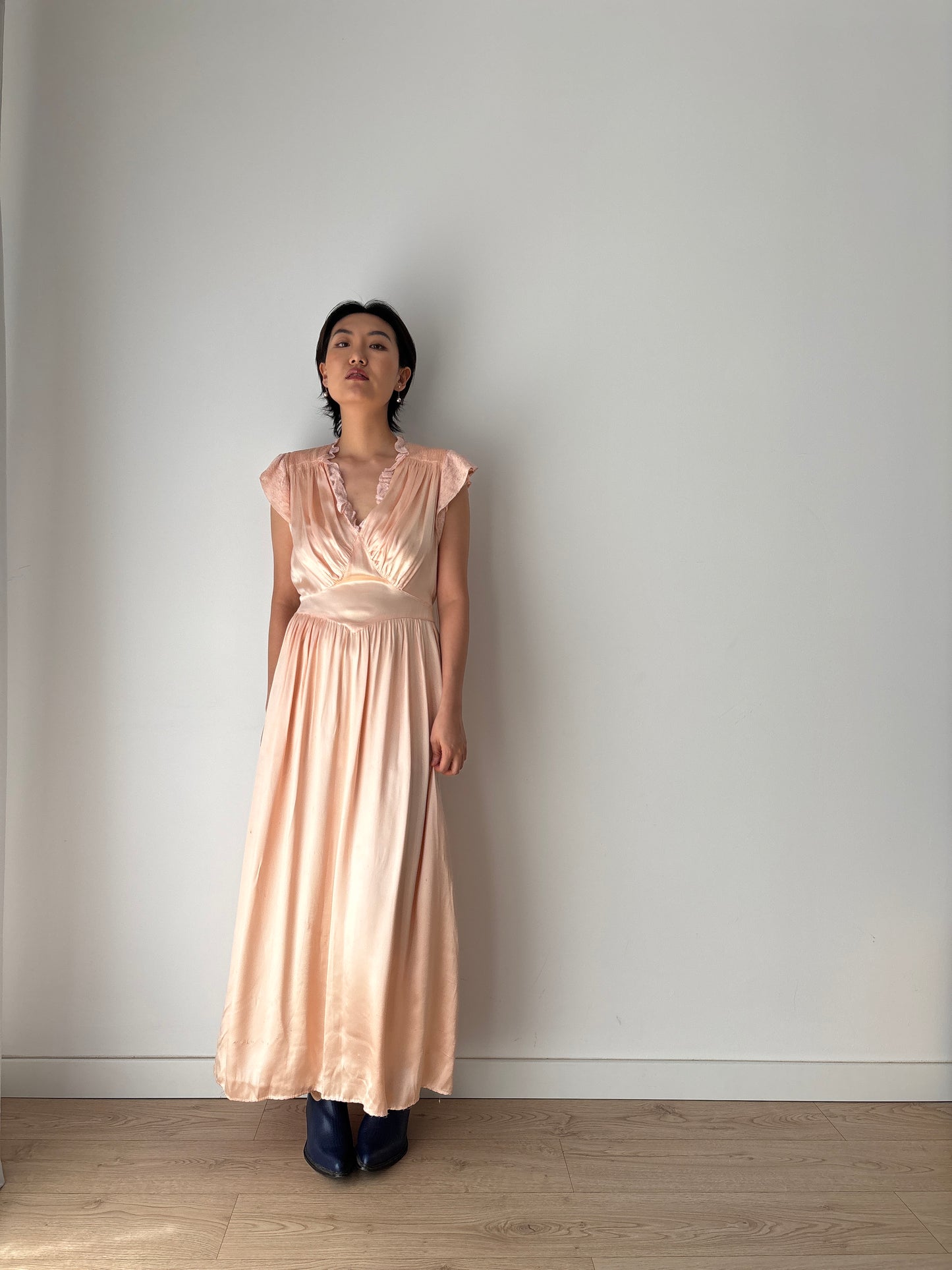 1930s Antique Lace Pastel Pink Pure Silk Satin lace Bridal Slip Dress