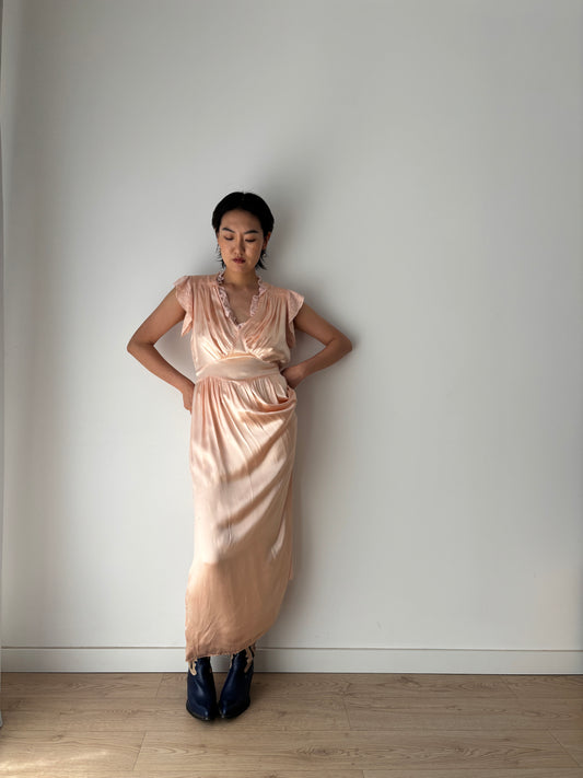 1930s Antique Lace Pastel Pink Pure Silk Satin lace Bridal Slip Dress